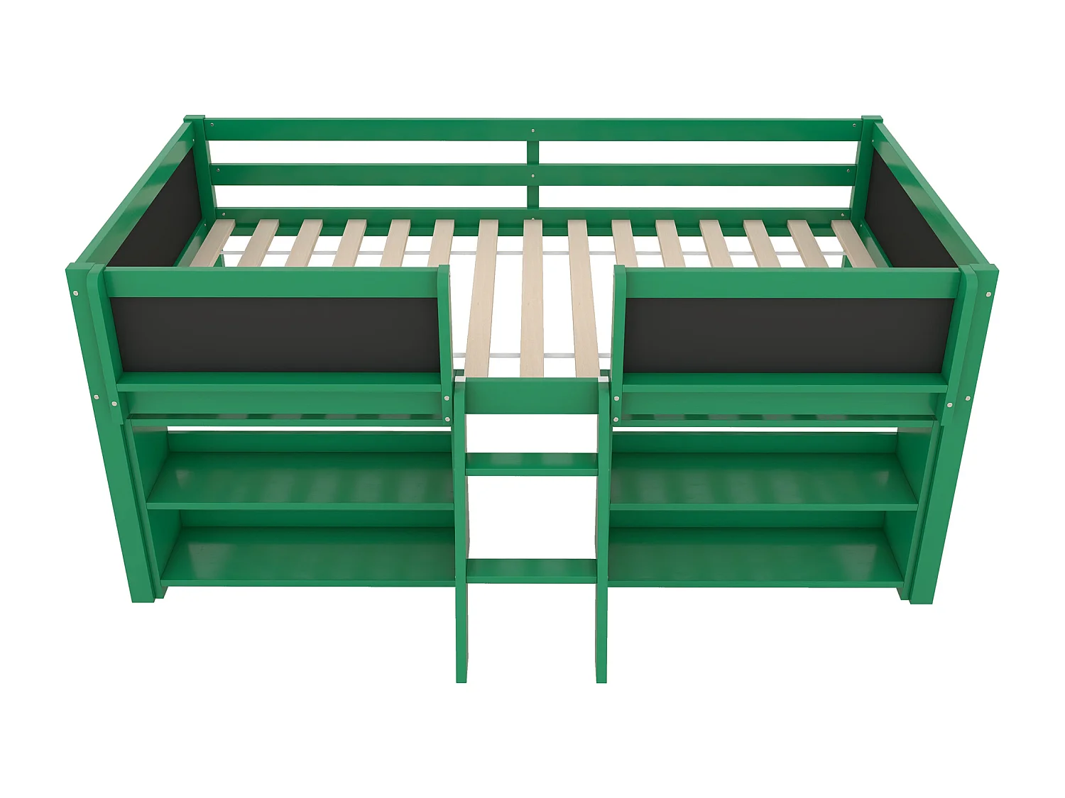 Lit mi-hauteur 90x200 cm en pin vert - lit enfant Plusieurs étagères de rangement et échelle (sans matelas)