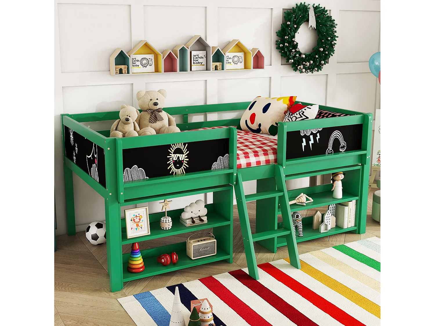 Lit mi-hauteur 90x200 cm en pin vert - lit enfant Plusieurs étagères de rangement et échelle (sans matelas)