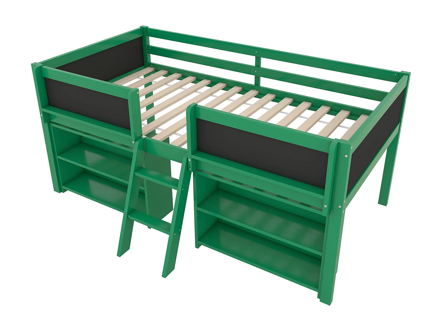 Lit mi-hauteur 90x200 cm en pin vert - lit enfant Plusieurs étagères de rangement et échelle (sans matelas)