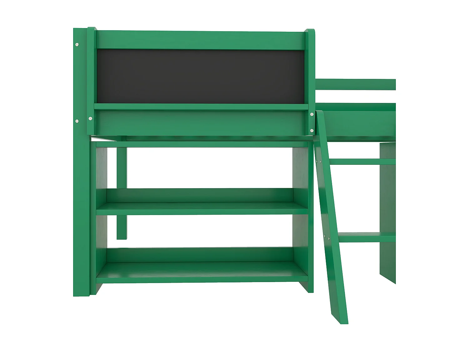 Lit mi-hauteur 90x200 cm en pin vert - lit enfant Plusieurs étagères de rangement et échelle (sans matelas)