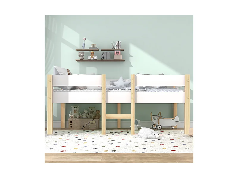 Lit mi hauteur enfant 90x190 cm en pin - avec protection contre les chutes, blanc et chêne(sans matelas)