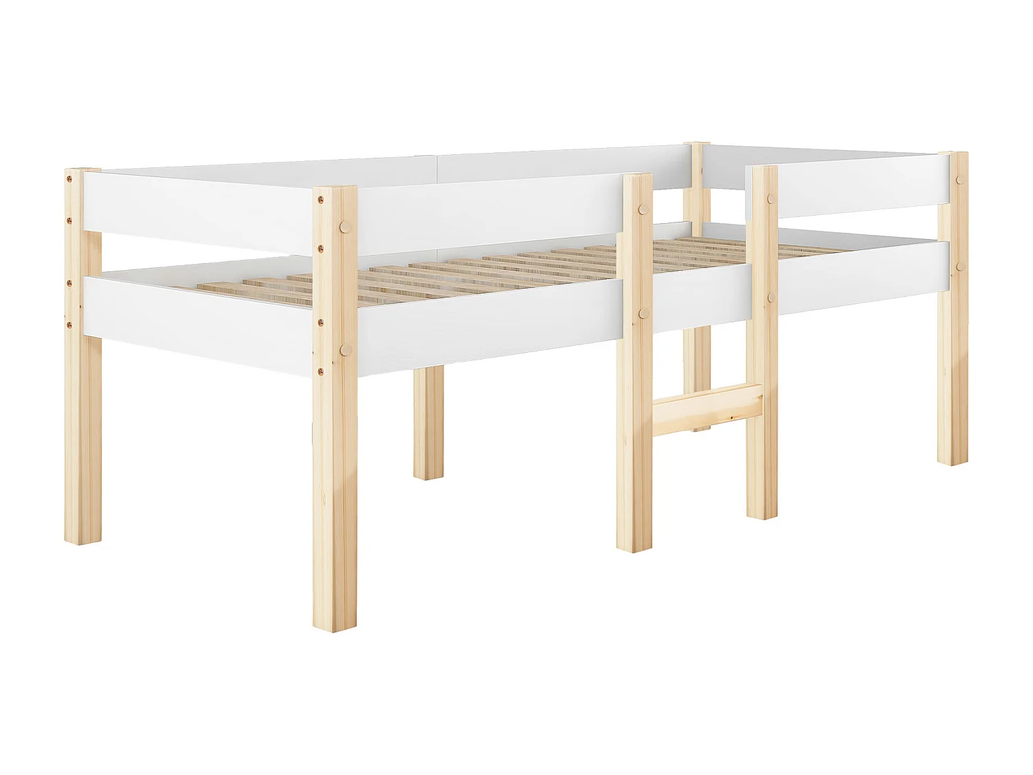 Cama infantil meia altura 90x190 cm em pinho - com proteção contra quedas, branco e carvalho (sem colchão)