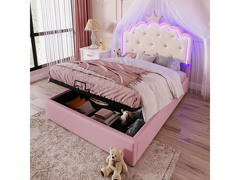 Lit coffre enfant princesse 140x200 cm - Éclairage LED - en PU Rose (sans matelas)