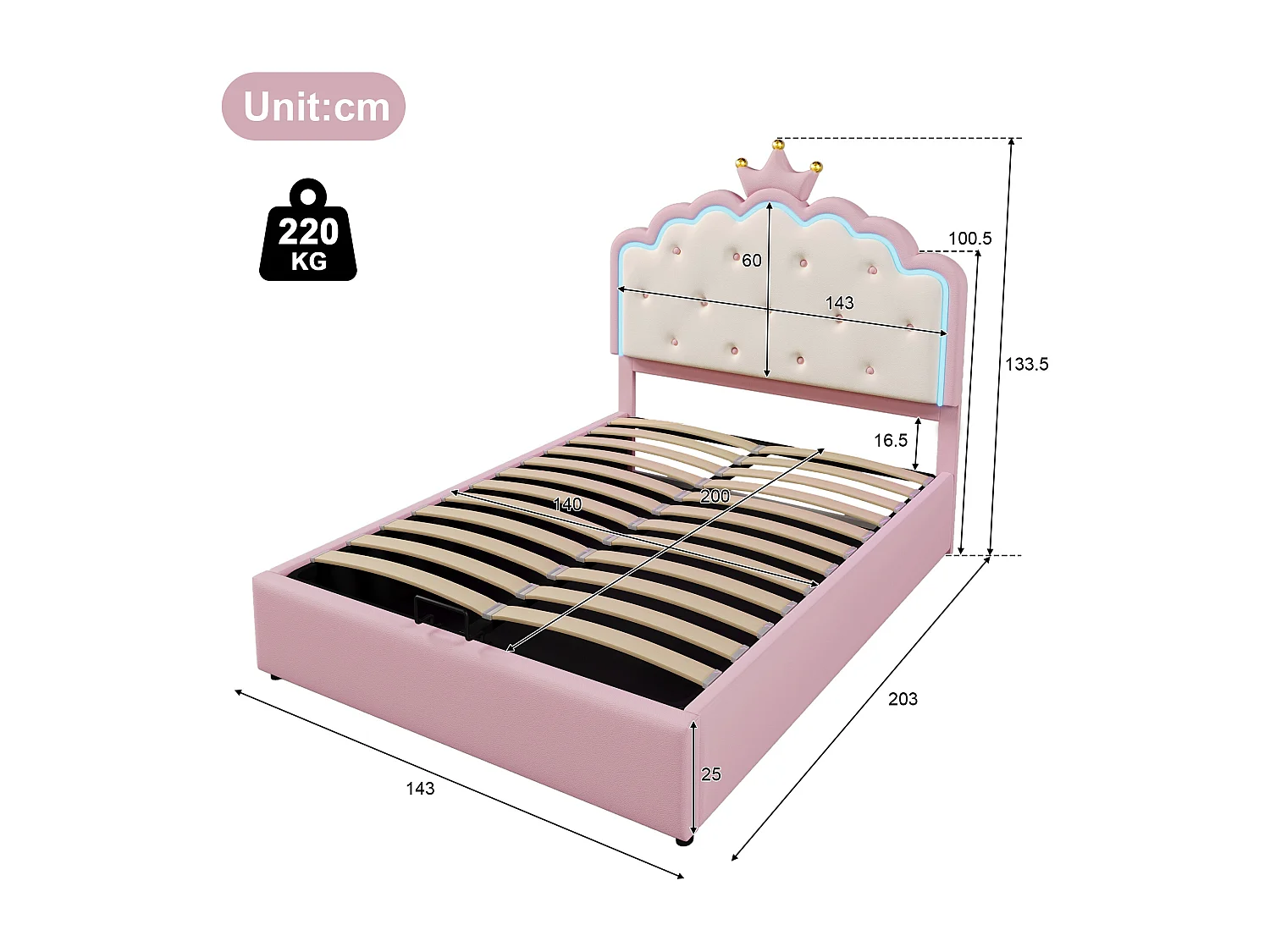 Prinsessen opbergbed 140x200 cm met LED-verlichting in roze PU (zonder matras)