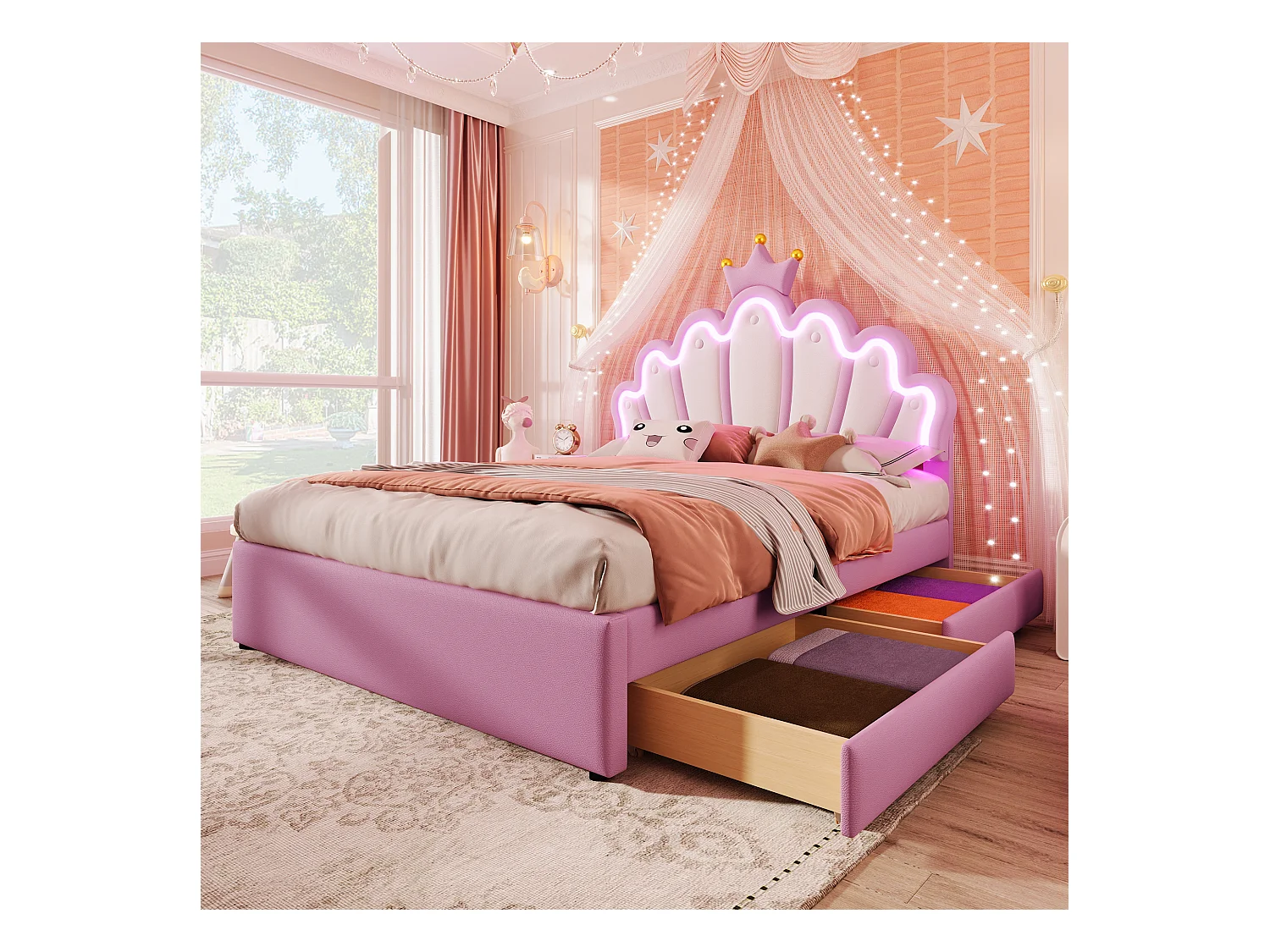 Kinder prinsessenbed 140x200 cm in kroonvorm, met LED en twee laden, in roze PU (zonder matras)