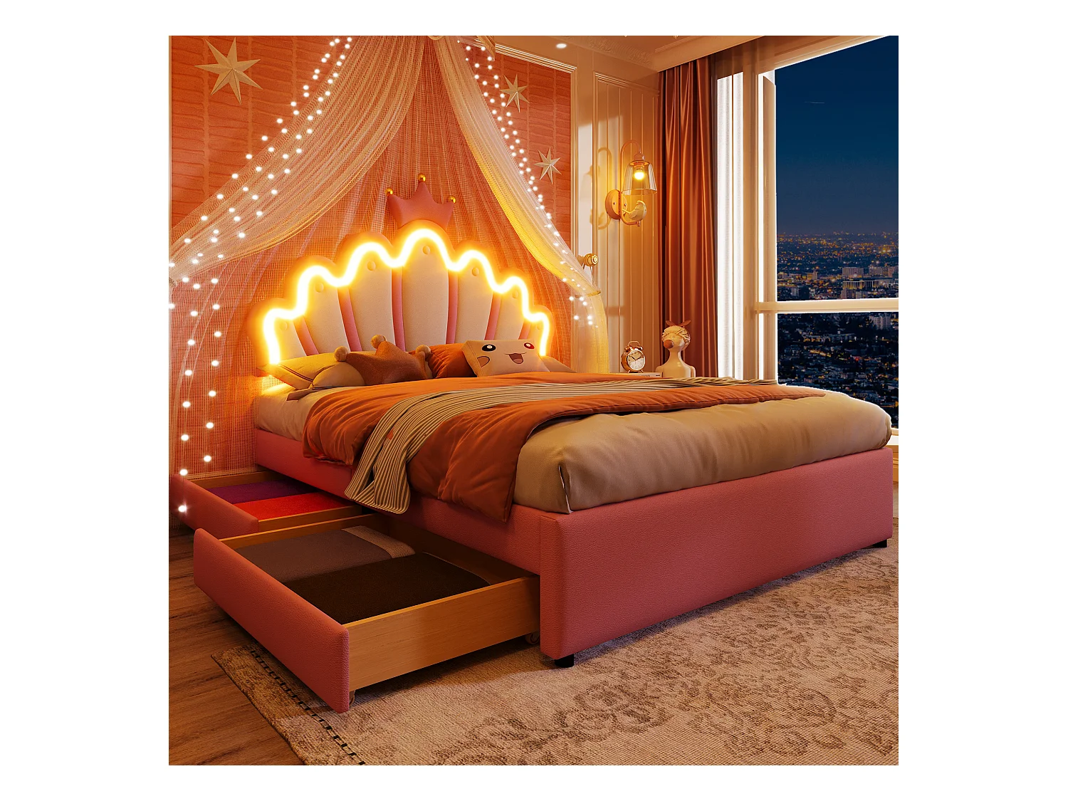 Kinder prinsessenbed 140x200 cm in kroonvorm, met LED en twee laden, in roze PU (zonder matras)