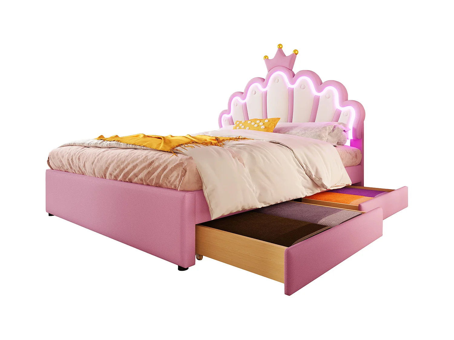 Kinder prinsessenbed 140x200 cm in kroonvorm, met LED en twee laden, in roze PU (zonder matras)