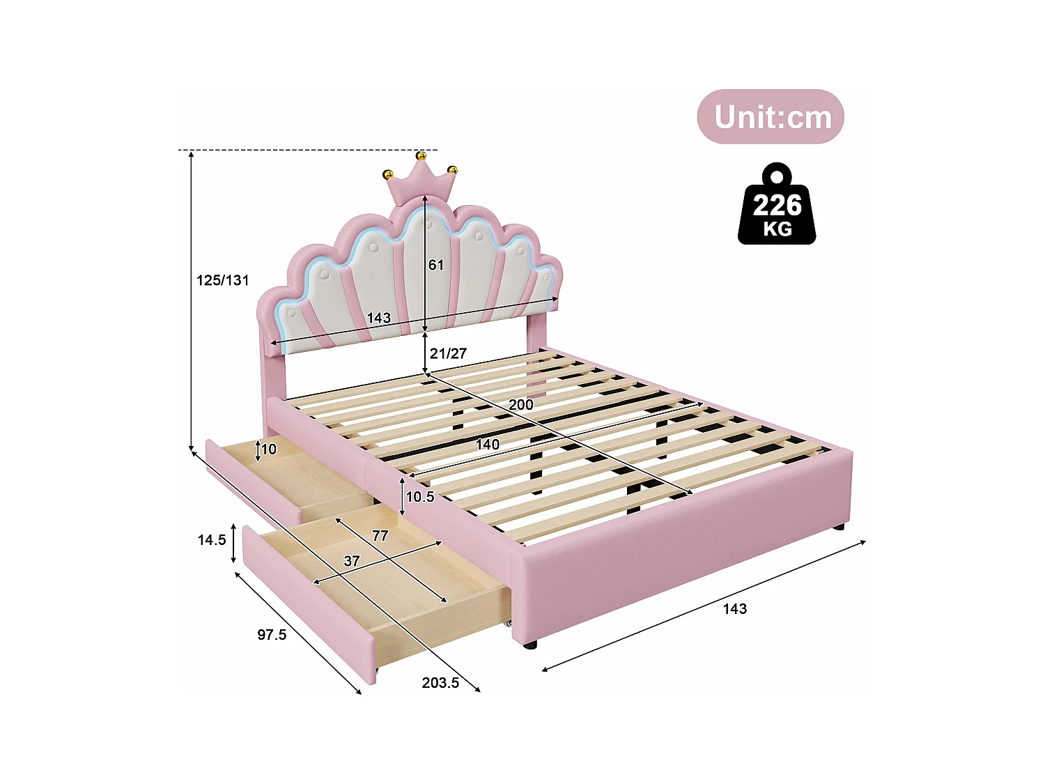 Kinder prinsessenbed 140x200 cm in kroonvorm, met LED en twee laden, in roze PU (zonder matras)