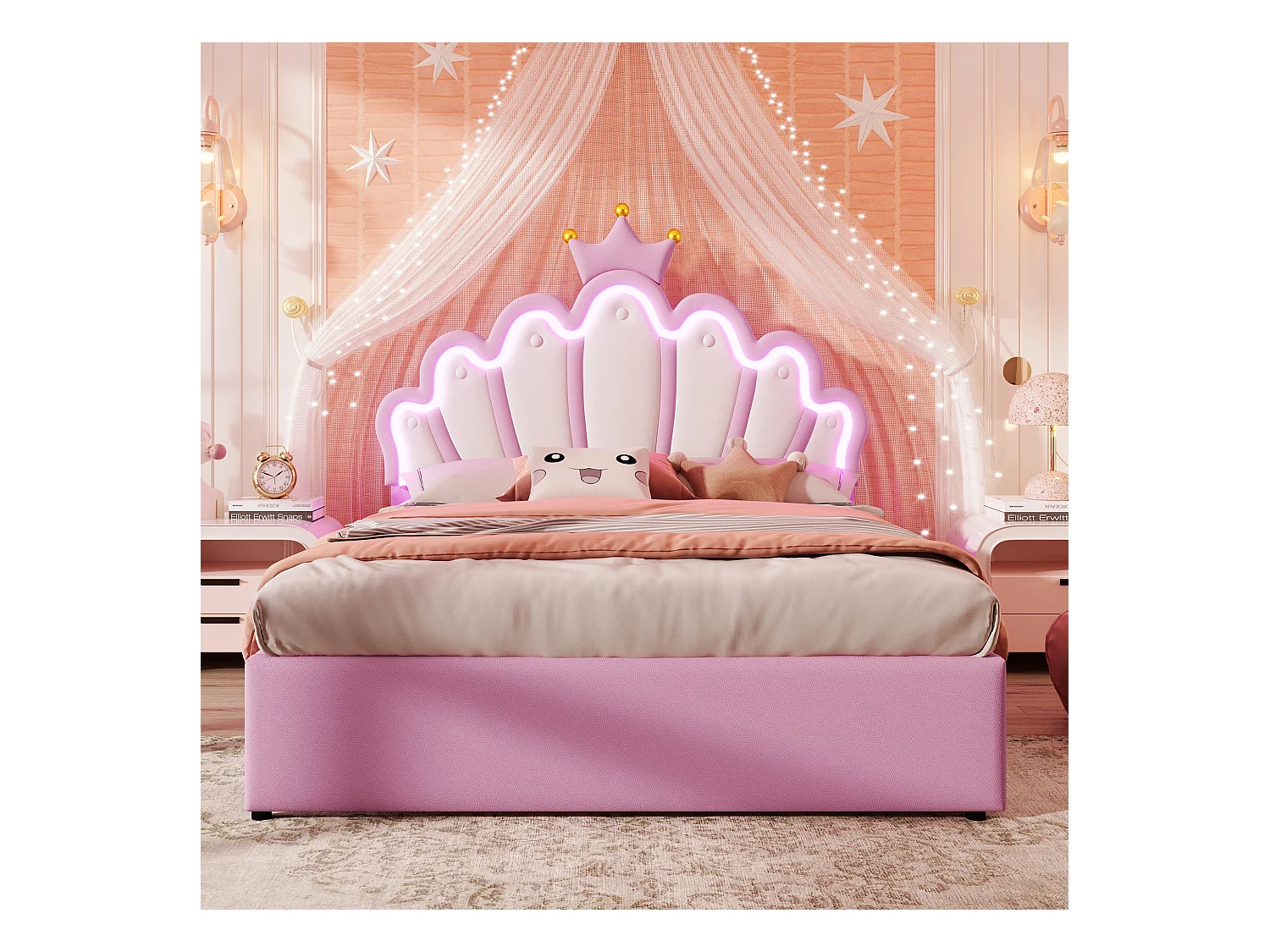 Kinder prinsessenbed 140x200 cm in kroonvorm, met LED en twee laden, in roze PU (zonder matras)
