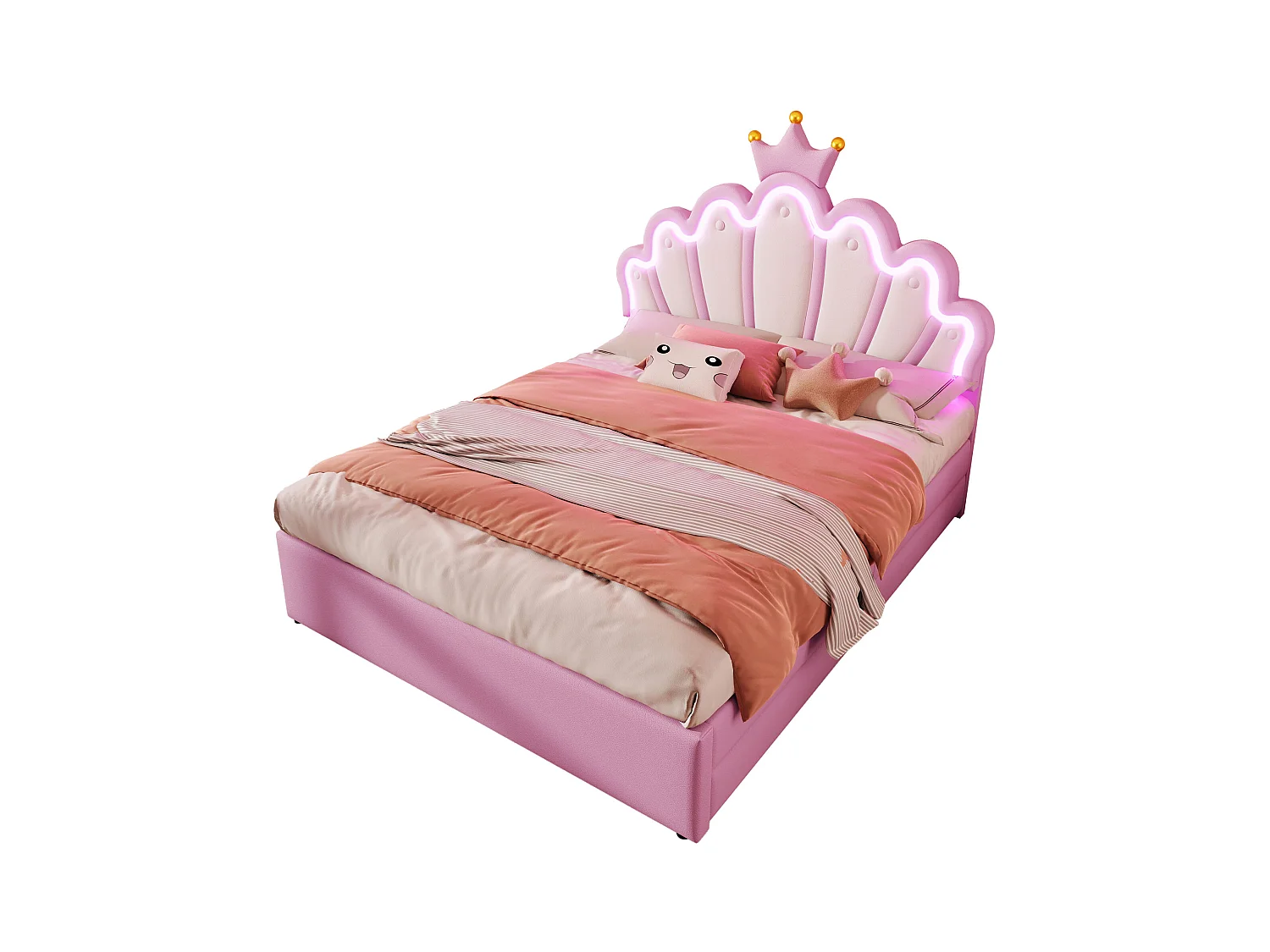Kinder prinsessenbed 140x200 cm in kroonvorm, met LED en twee laden, in roze PU (zonder matras)