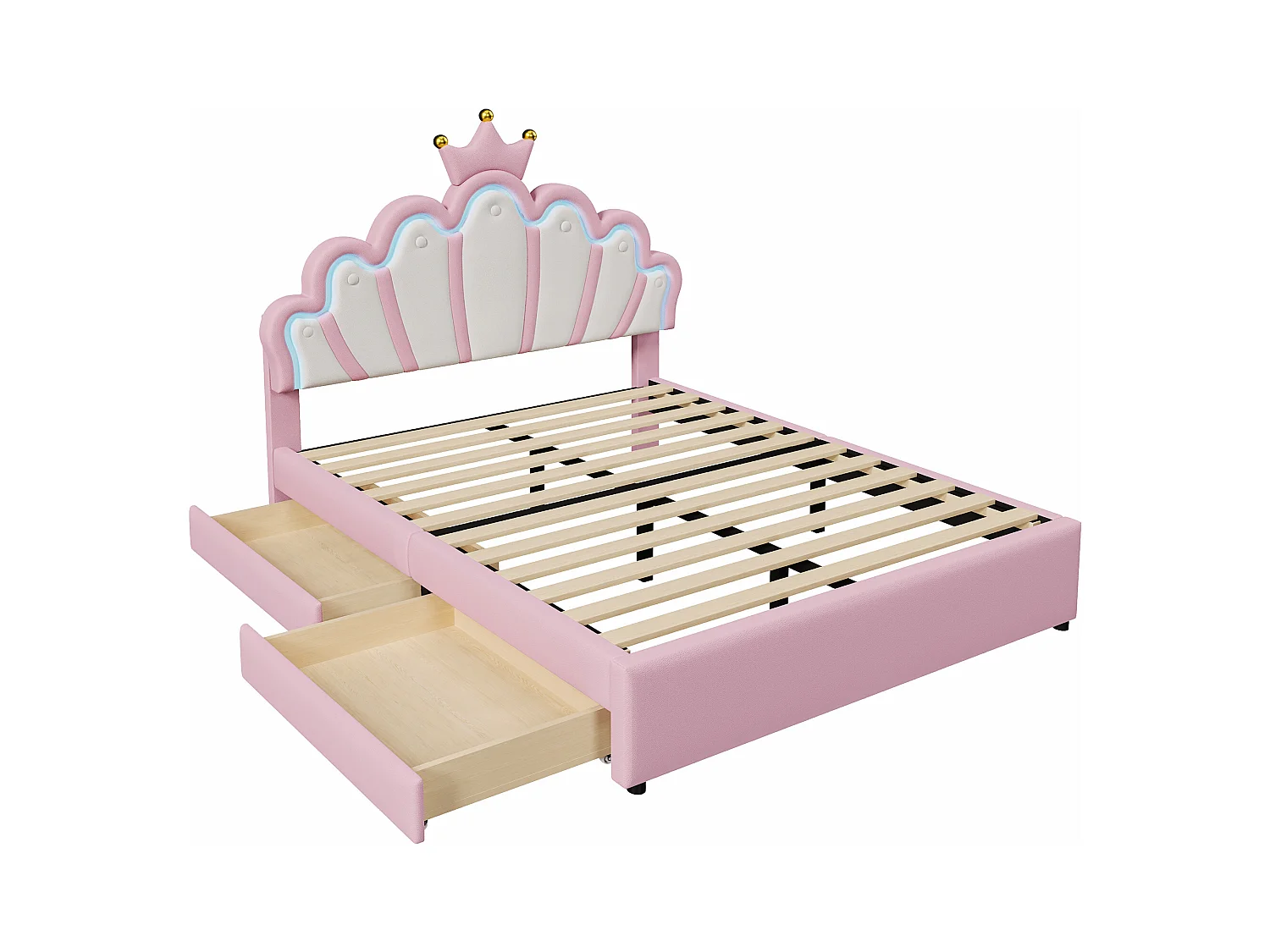 Kinder prinsessenbed 140x200 cm in kroonvorm, met LED en twee laden, in roze PU (zonder matras)