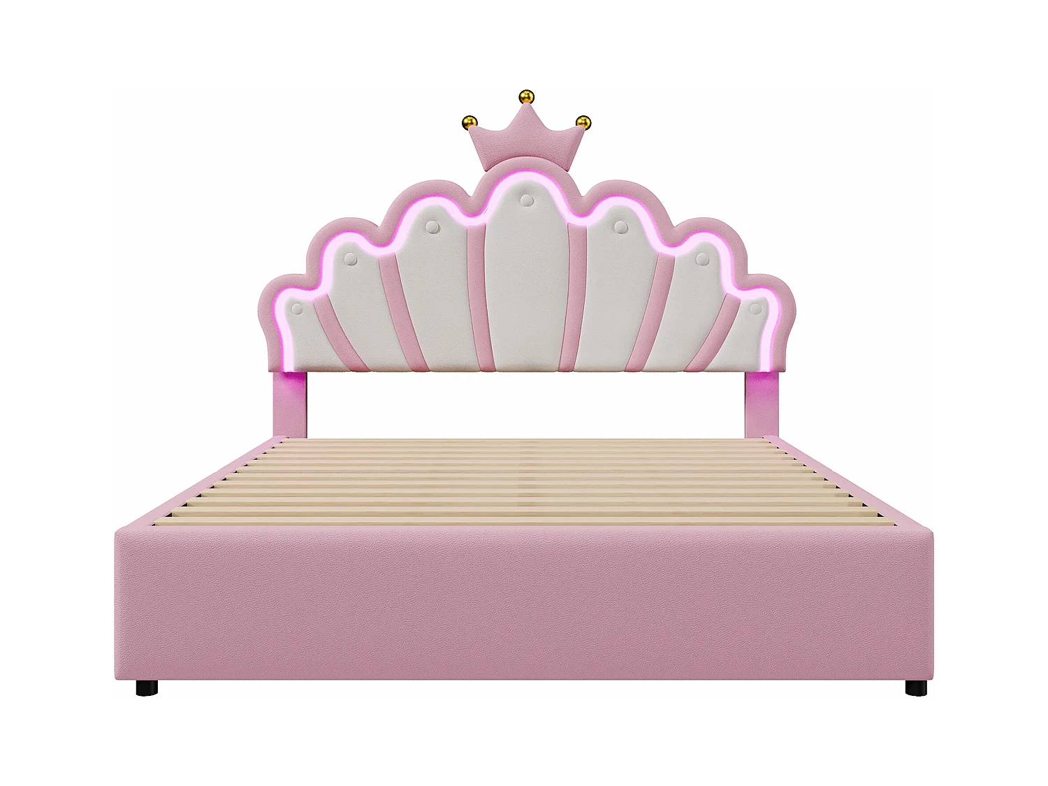 Kinder prinsessenbed 140x200 cm in kroonvorm, met LED en twee laden, in roze PU (zonder matras)
