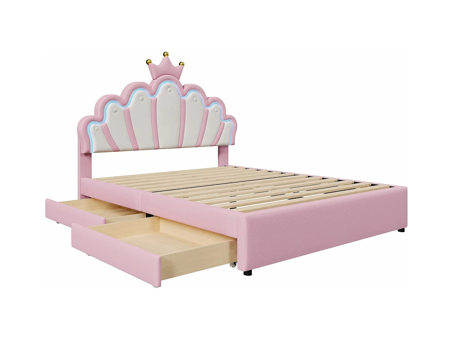 Kinder prinsessenbed 140x200 cm in kroonvorm, met LED en twee laden, in roze PU (zonder matras)