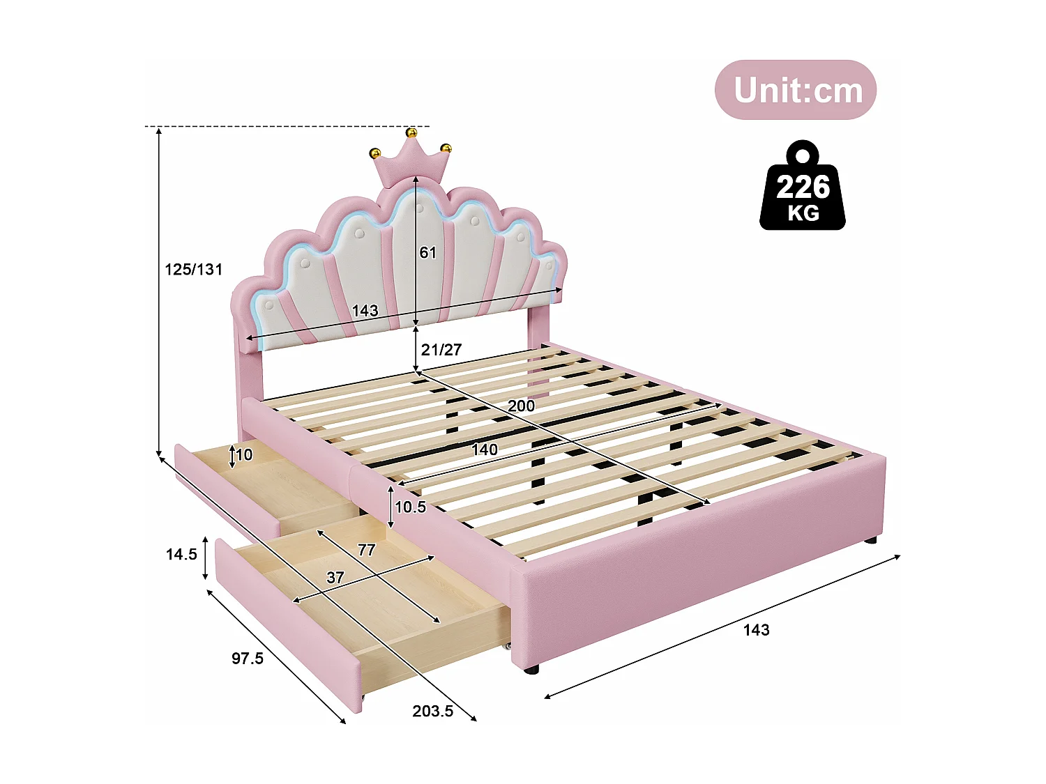 Cama princesa infantil 140x200 cm em forma de coroa, com LED e dois gavetas, em PU rosa (sem colchão)