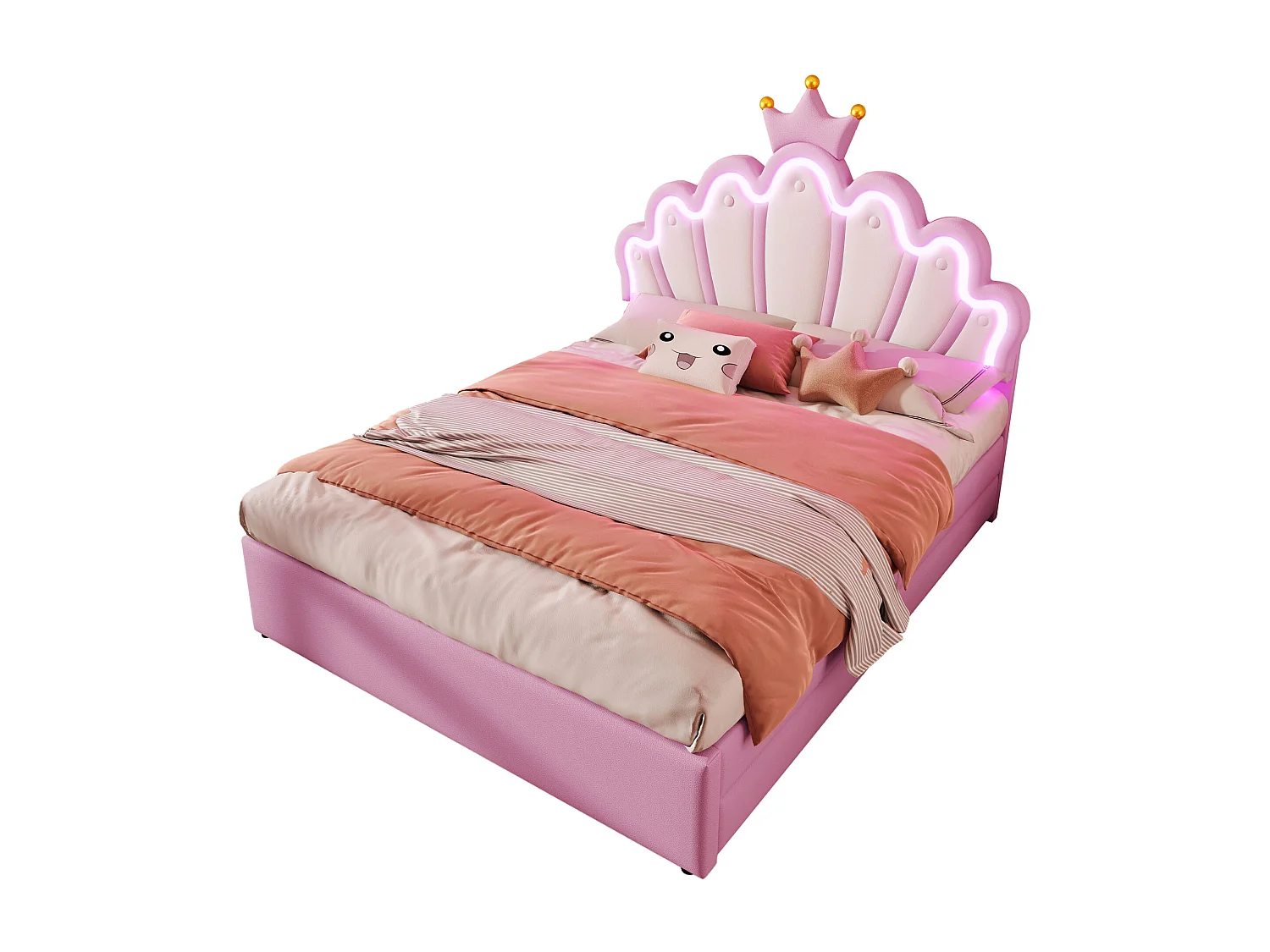Cama princesa infantil 140x200 cm em forma de coroa, com LED e dois gavetas, em PU rosa (sem colchão)