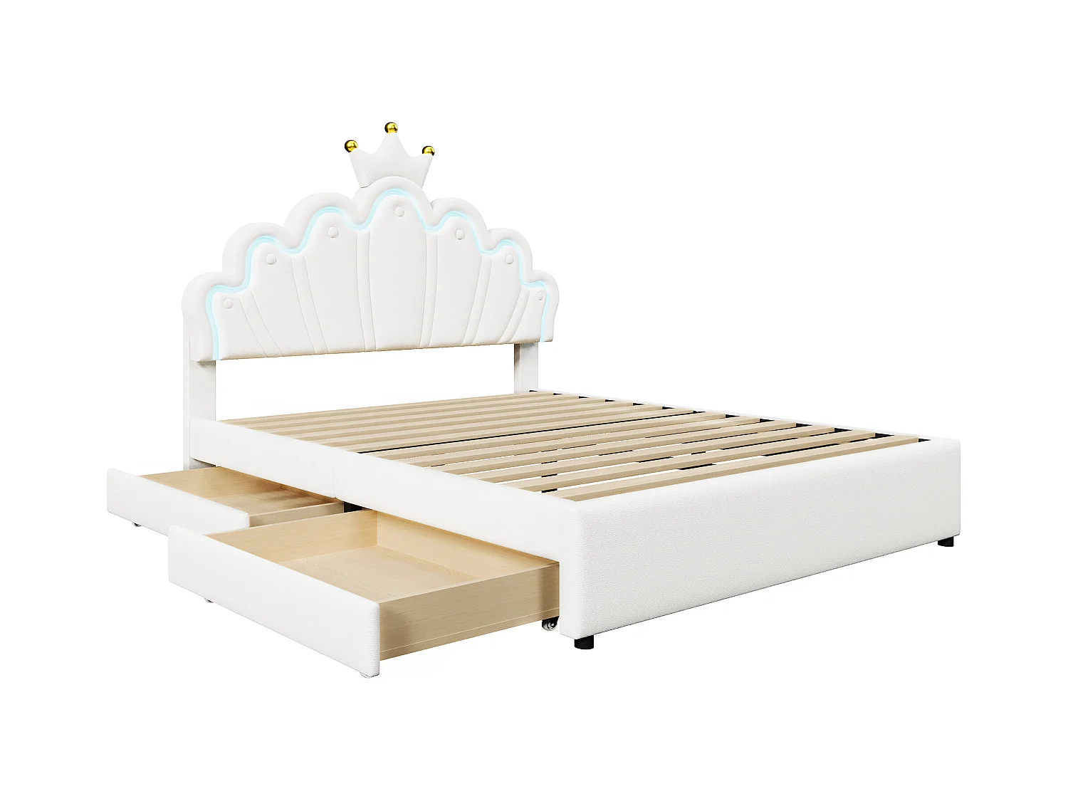 Letto bambino 140x200 cm in PU bianco con 2 cassetti, LED e testiera regolabile (senza materasso)