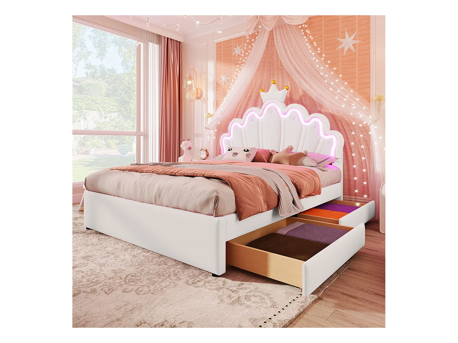 Lit princesse 140x200 cm en PU blanc avec 2 tiroirs, lit enfant, led, tête de lit réglable(sans matelas)