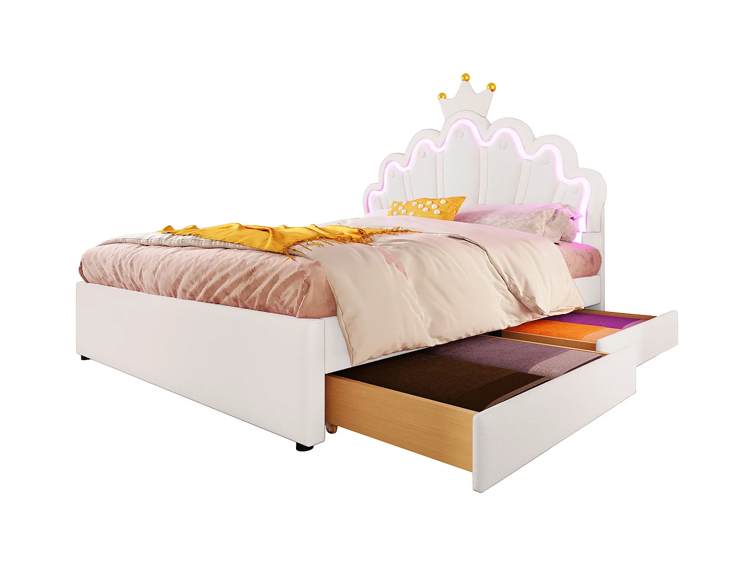 Lit princesse 140x200 cm en PU blanc avec 2 tiroirs, lit enfant, led, tête de lit réglable(sans matelas)