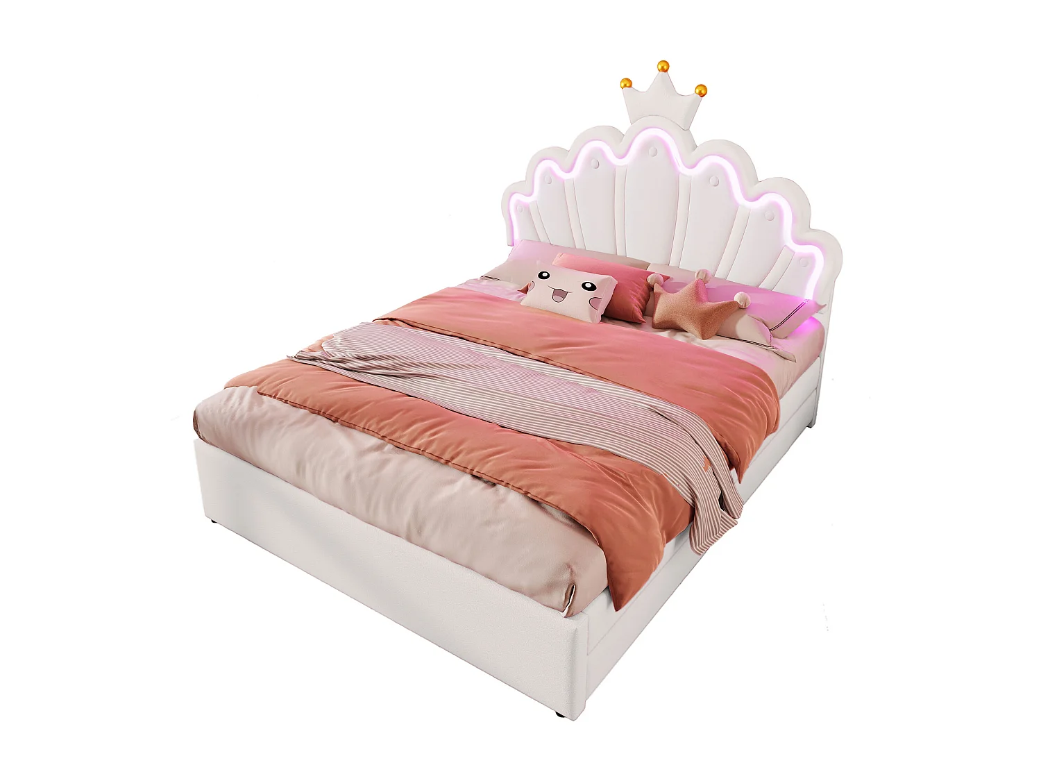 Lit princesse 140x200 cm en PU blanc avec 2 tiroirs, lit enfant, led, tête de lit réglable(sans matelas)
