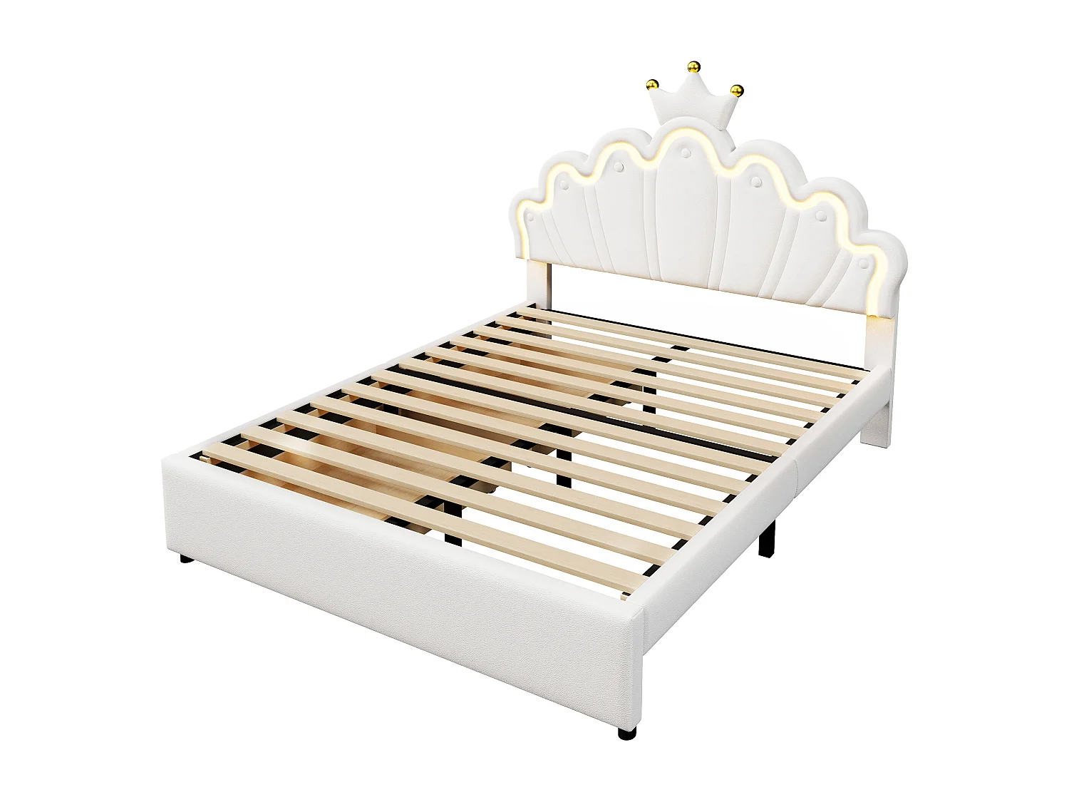 Lit princesse 140x200 cm en PU blanc avec 2 tiroirs, lit enfant, led, tête de lit réglable(sans matelas)