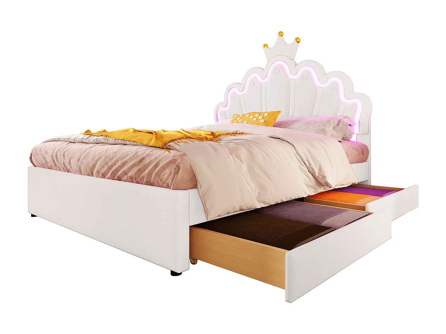 Lit princesse 140x200 cm en PU blanc avec 2 tiroirs, lit enfant, led, tête de lit réglable(sans matelas)