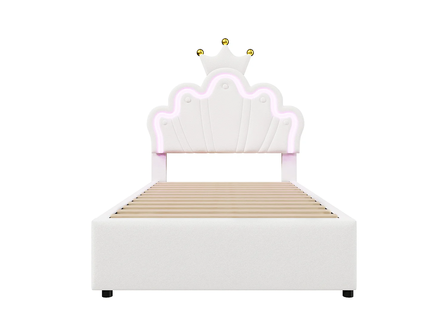 Letto estraibile principessa 90x200 cm con 2 cassetti, testiera a forma di corona - PU bianco (senza materasso)