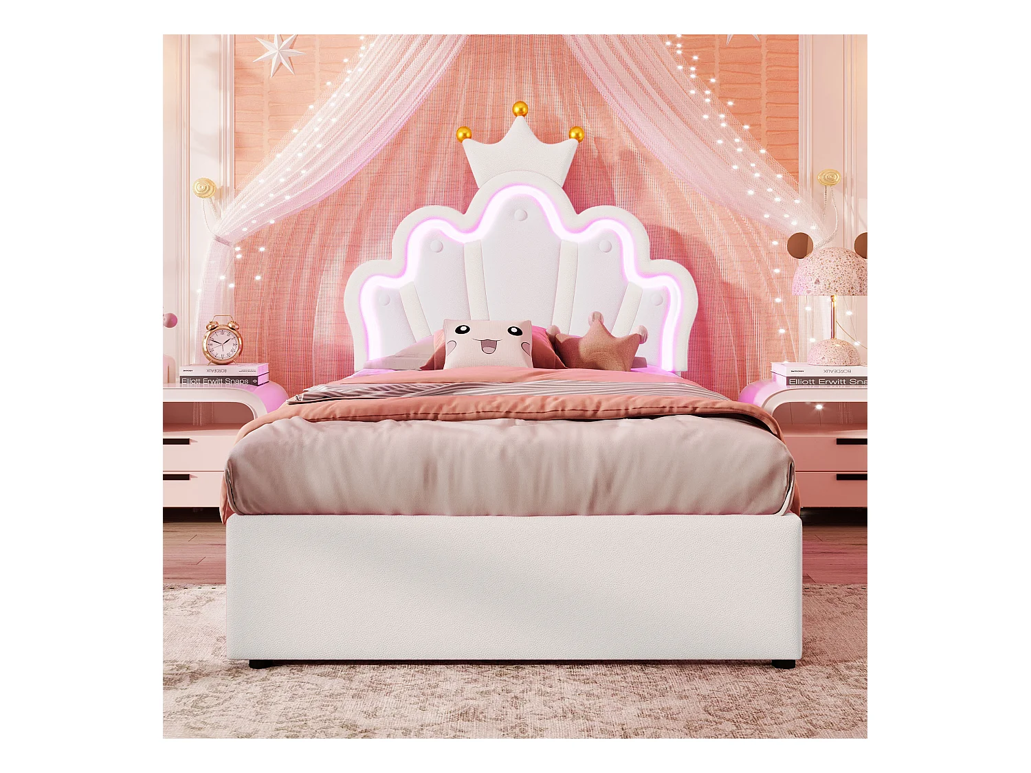 Lit princesse gigogne 90x200 cm avec 2 tiroirs, tête de lit en forme de couronne- PU Blanc(sans matelas)