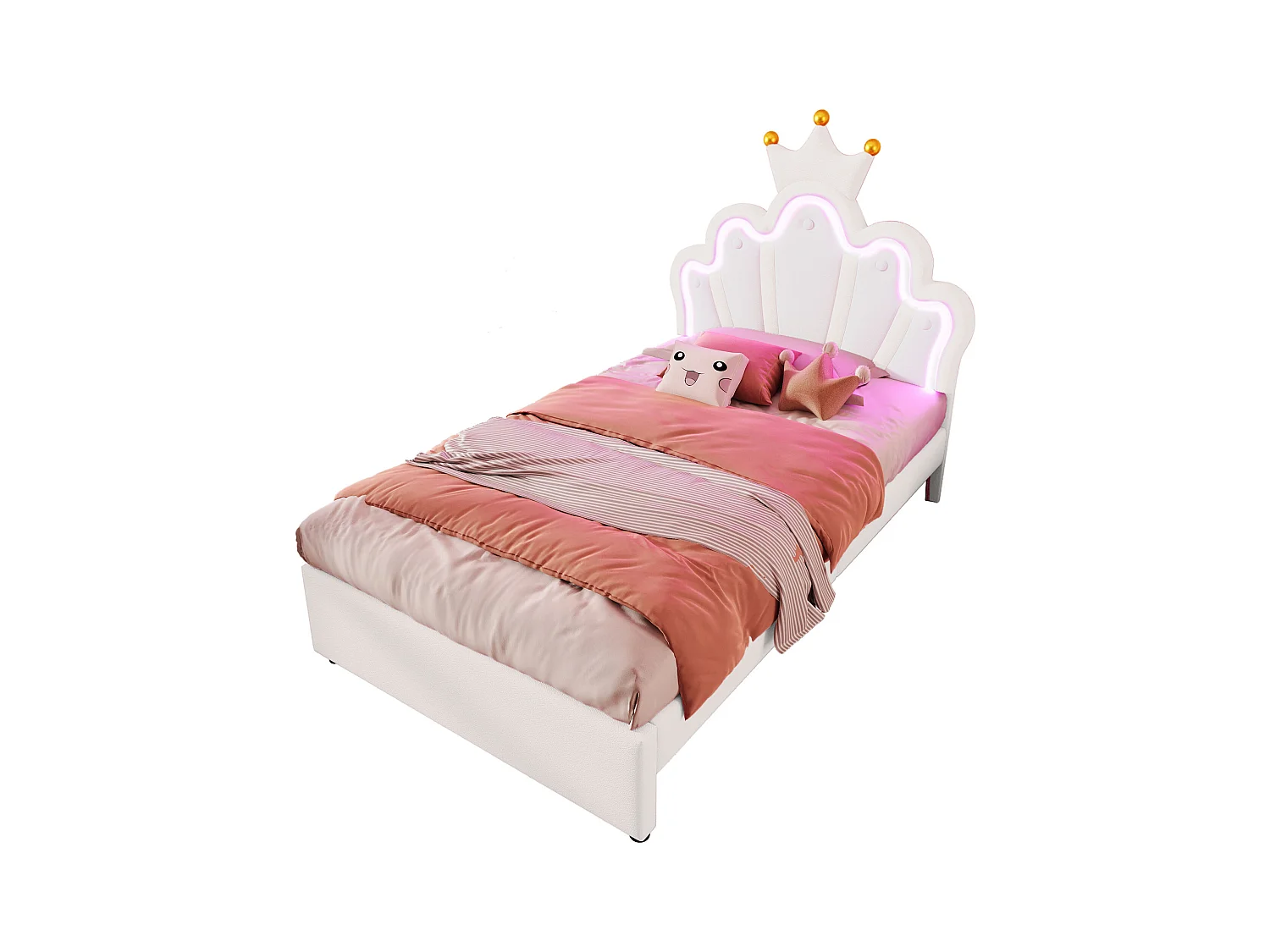 Lit princesse gigogne 90x200 cm avec 2 tiroirs, tête de lit en forme de couronne- PU Blanc(sans matelas)