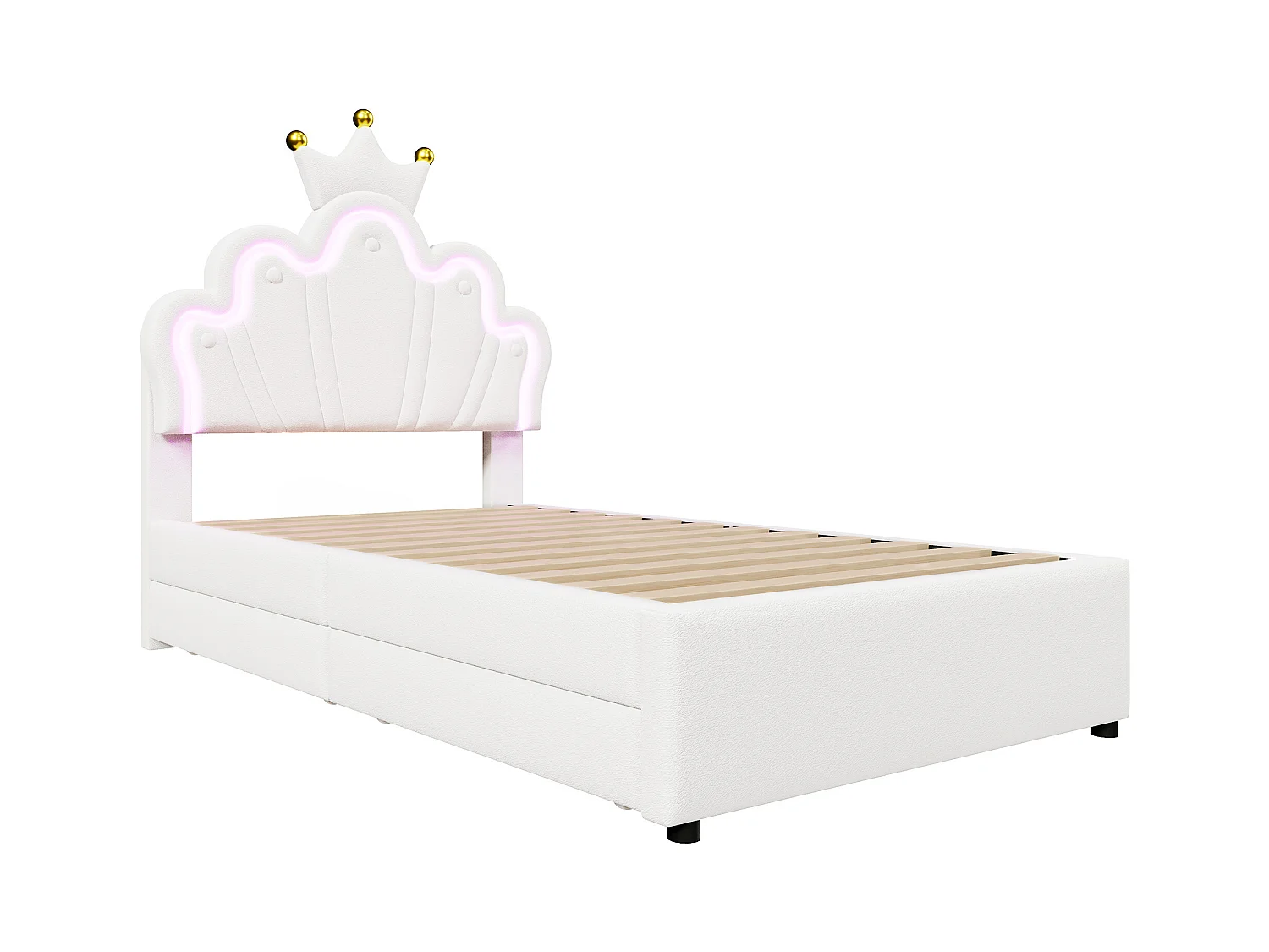 Lit princesse gigogne 90x200 cm avec 2 tiroirs, tête de lit en forme de couronne- PU Blanc(sans matelas)