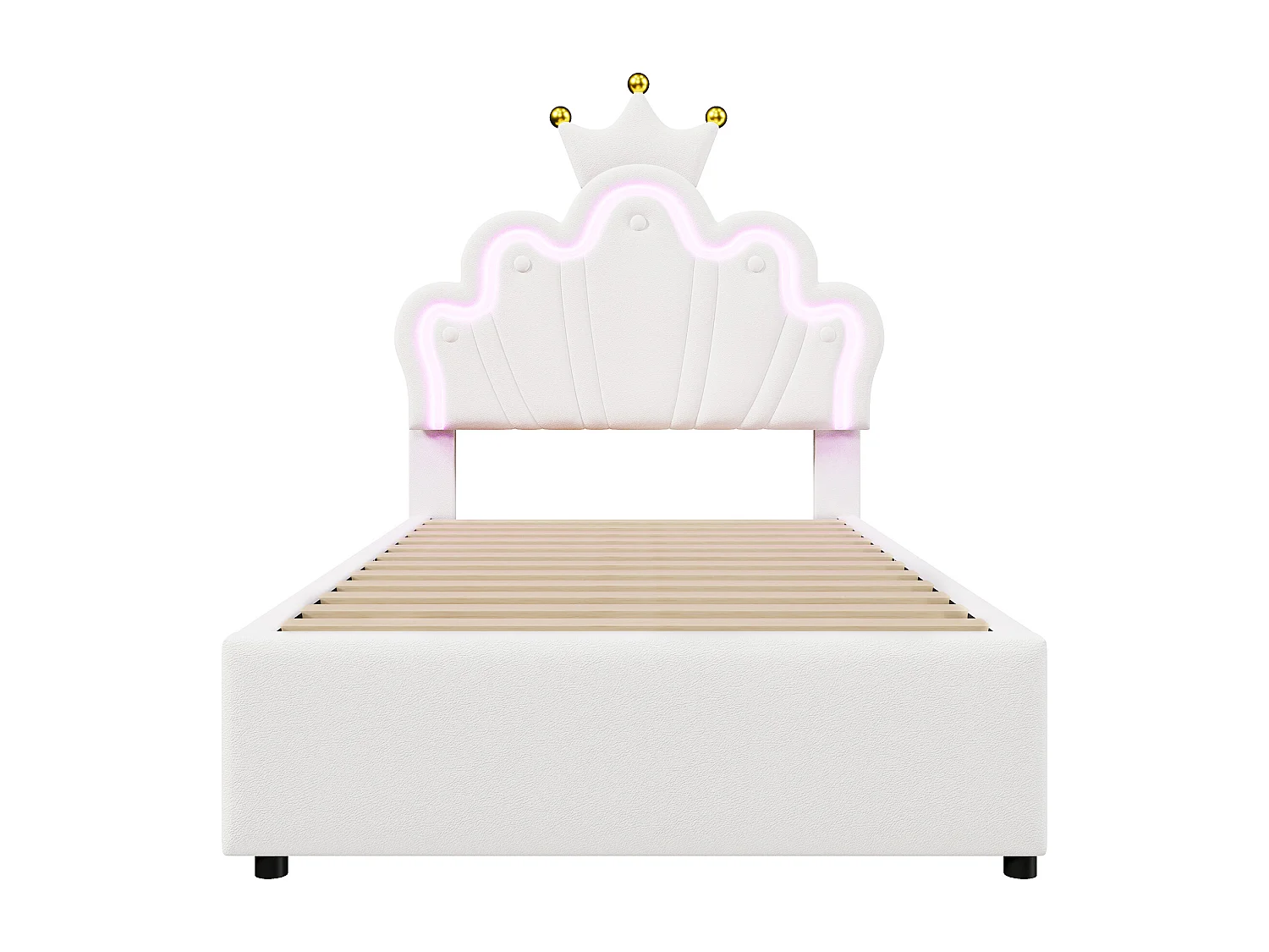 Lit princesse gigogne 90x200 cm avec 2 tiroirs, tête de lit en forme de couronne- PU Blanc(sans matelas)