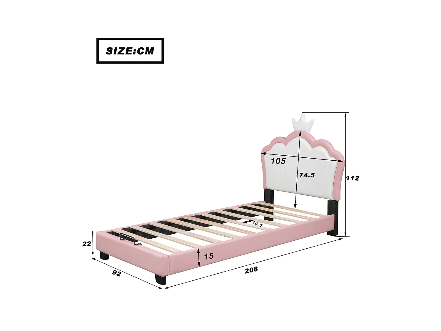 Cama infantil princesa 90x200 cm con base y cabecero - con forma de corona - Rosa (colchón no incluido)