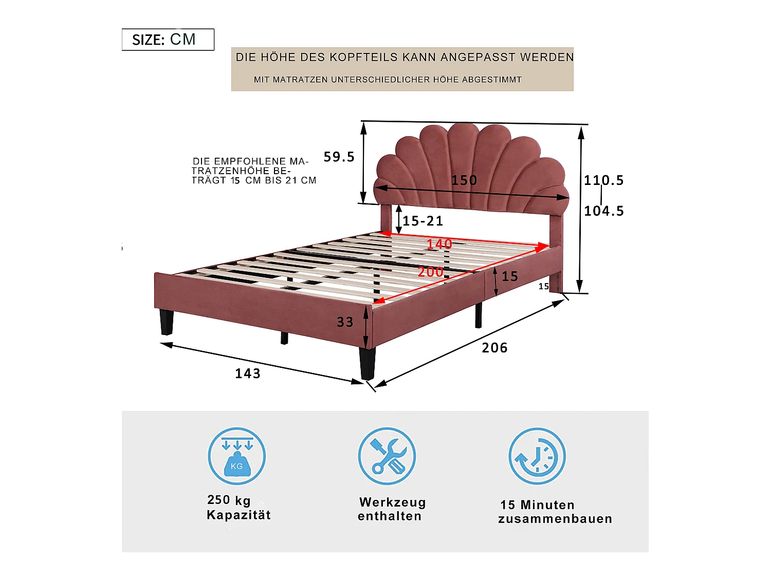 Letto matrimoniale 140x200 cm in velluto bordeaux - Letto con testiera floreale, rete a doghe (senza materasso)