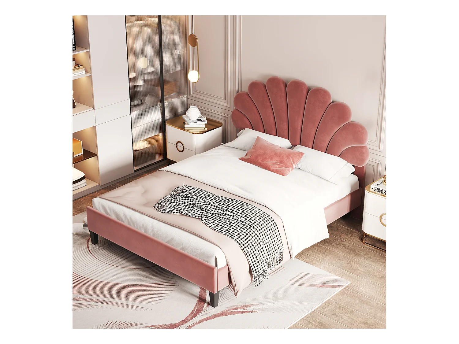 Letto matrimoniale 140x200 cm in velluto bordeaux - Letto con testiera floreale, rete a doghe (senza materasso)