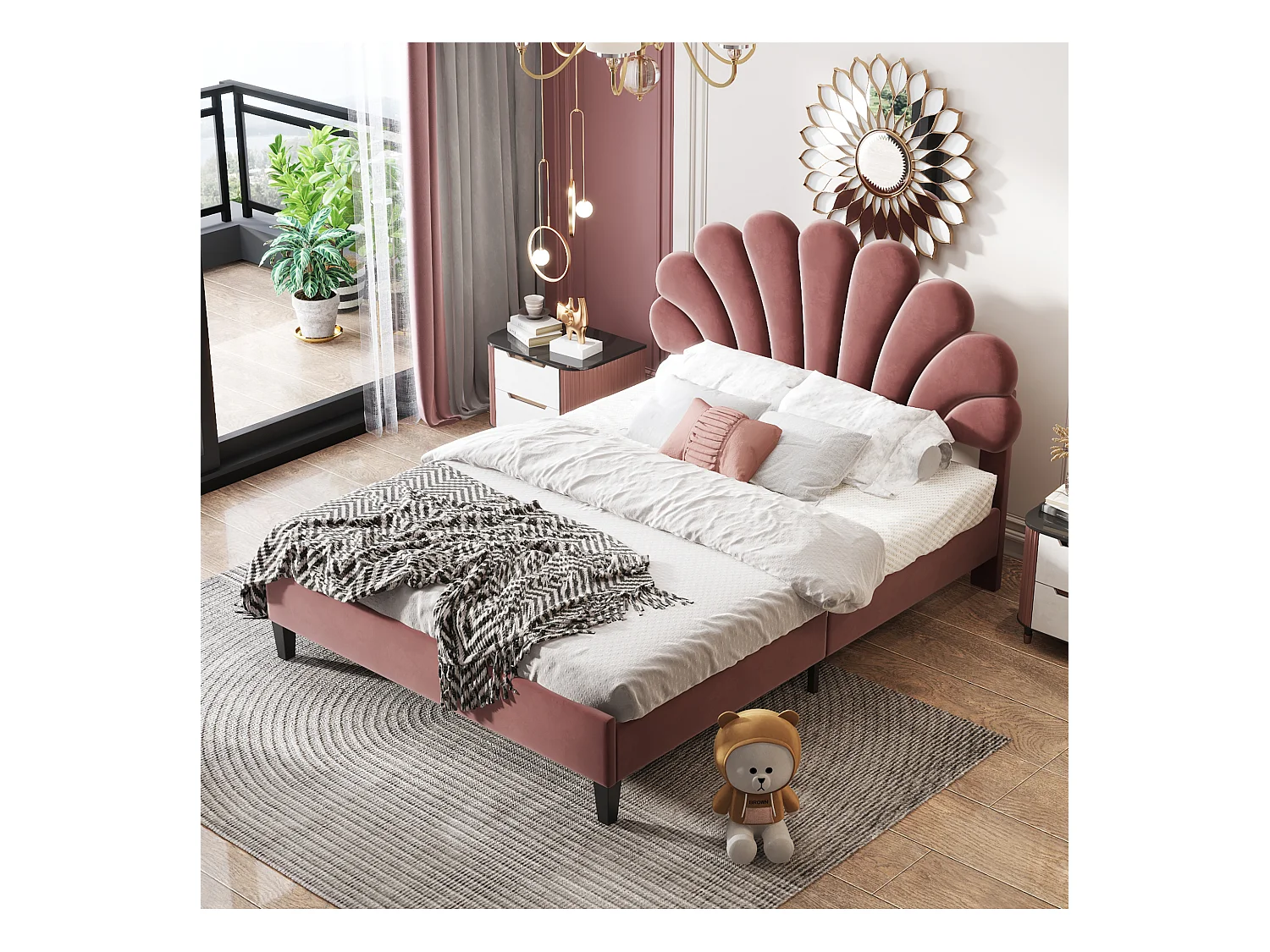 Letto matrimoniale 140x200 cm in velluto bordeaux - Letto con testiera floreale, rete a doghe (senza materasso)