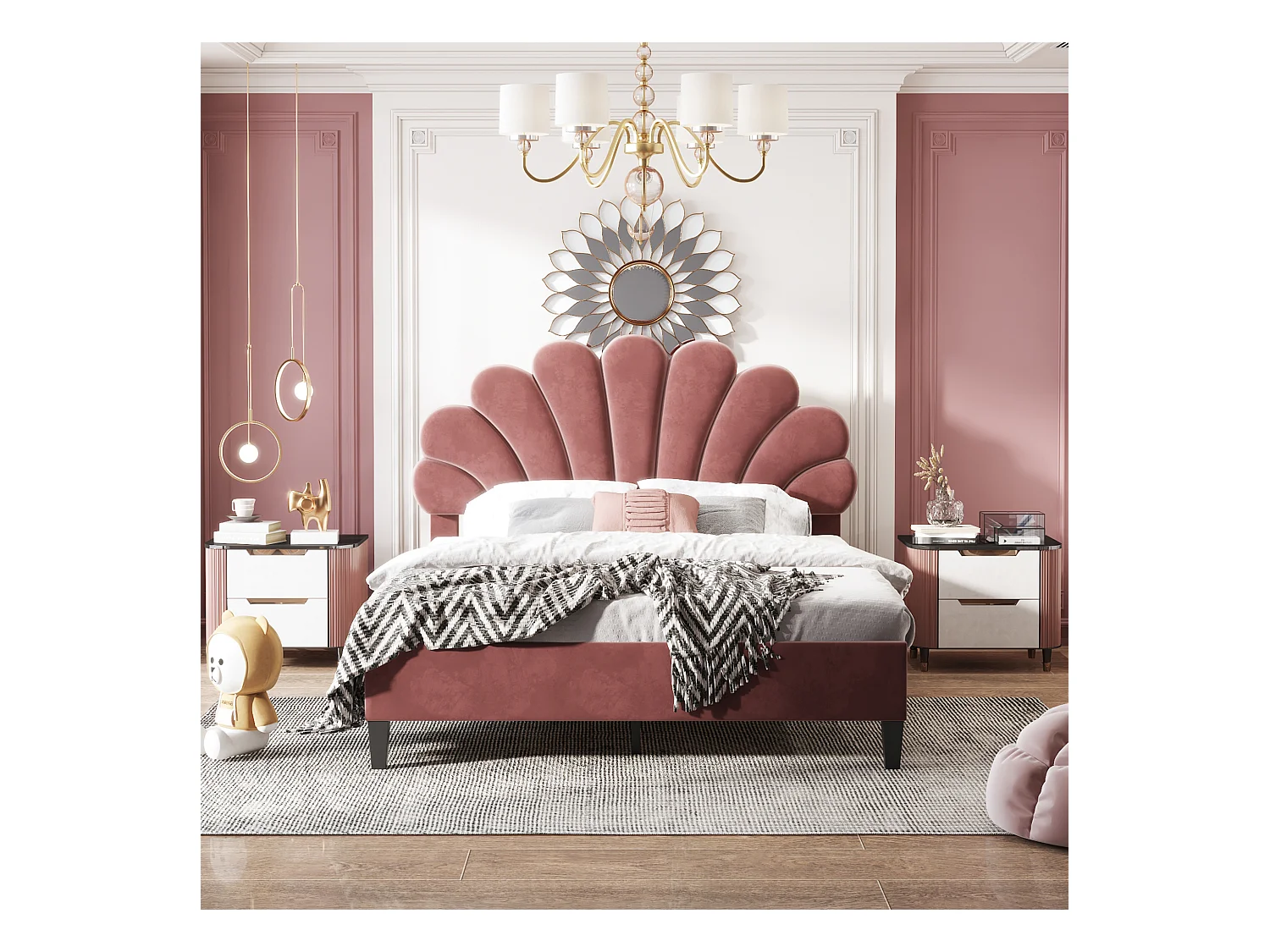 Tweepersoonsbed 140x200 cm in bordeaux fluweel - Bed met bloemen hoofdbord, lattenbodem (zonder matras)