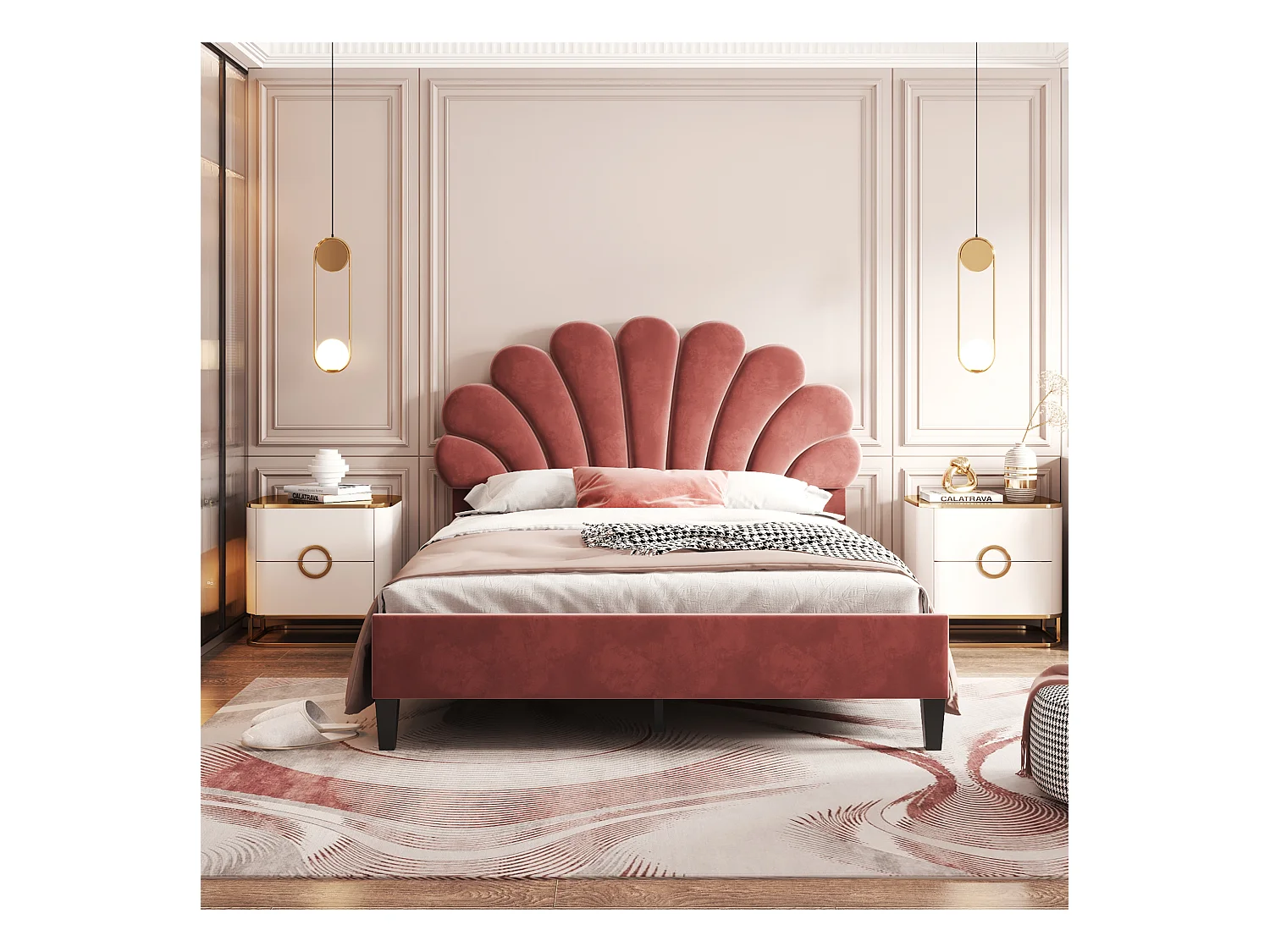 Tweepersoonsbed 140x200 cm in bordeaux fluweel - Bed met bloemen hoofdbord, lattenbodem (zonder matras)