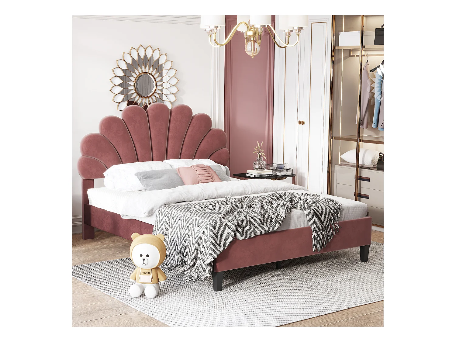 Tweepersoonsbed 140x200 cm in bordeaux fluweel - Bed met bloemen hoofdbord, lattenbodem (zonder matras)