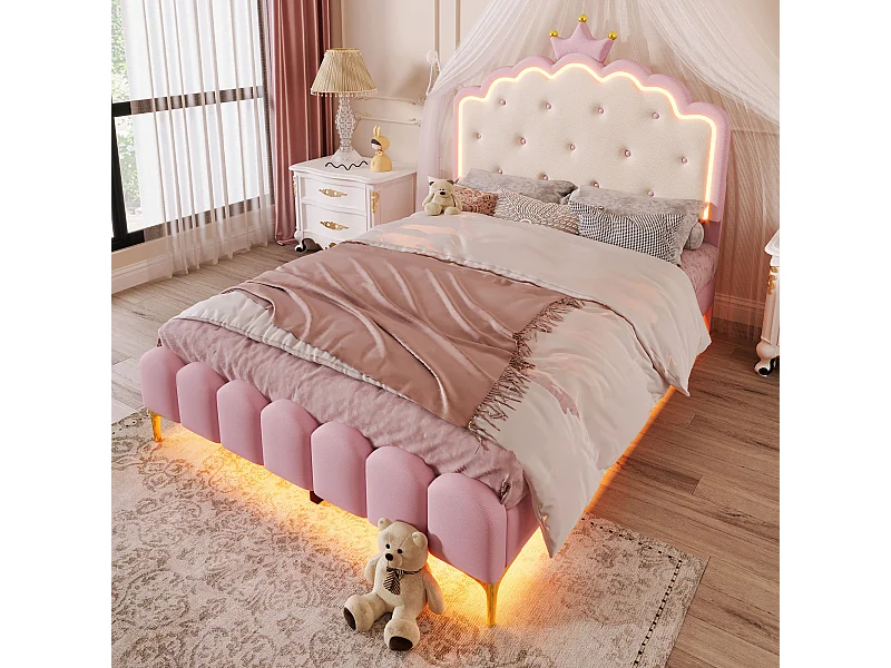 Cama dupla infantil 140x200 cm com estrado de ripas e iluminação ambiente - material PU rosa (sem colchão)