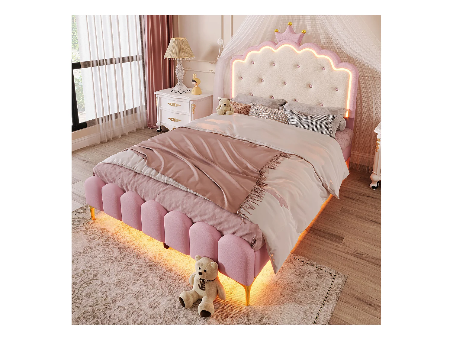 Cama dupla infantil 140x200 cm com estrado de ripas e iluminação ambiente - material PU rosa (sem colchão)