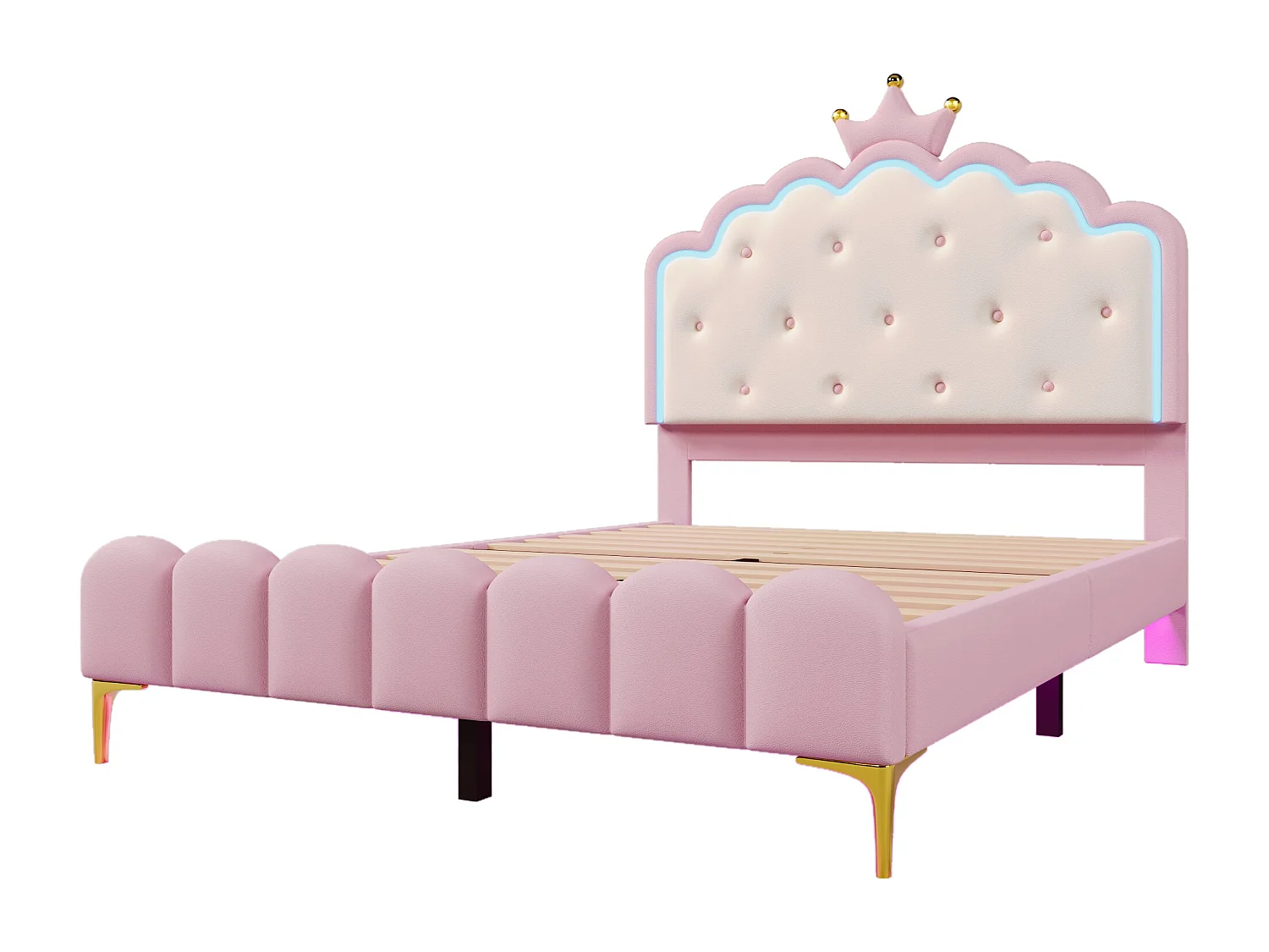 Cama dupla infantil 140x200 cm com estrado de ripas e iluminação ambiente - material PU rosa (sem colchão)