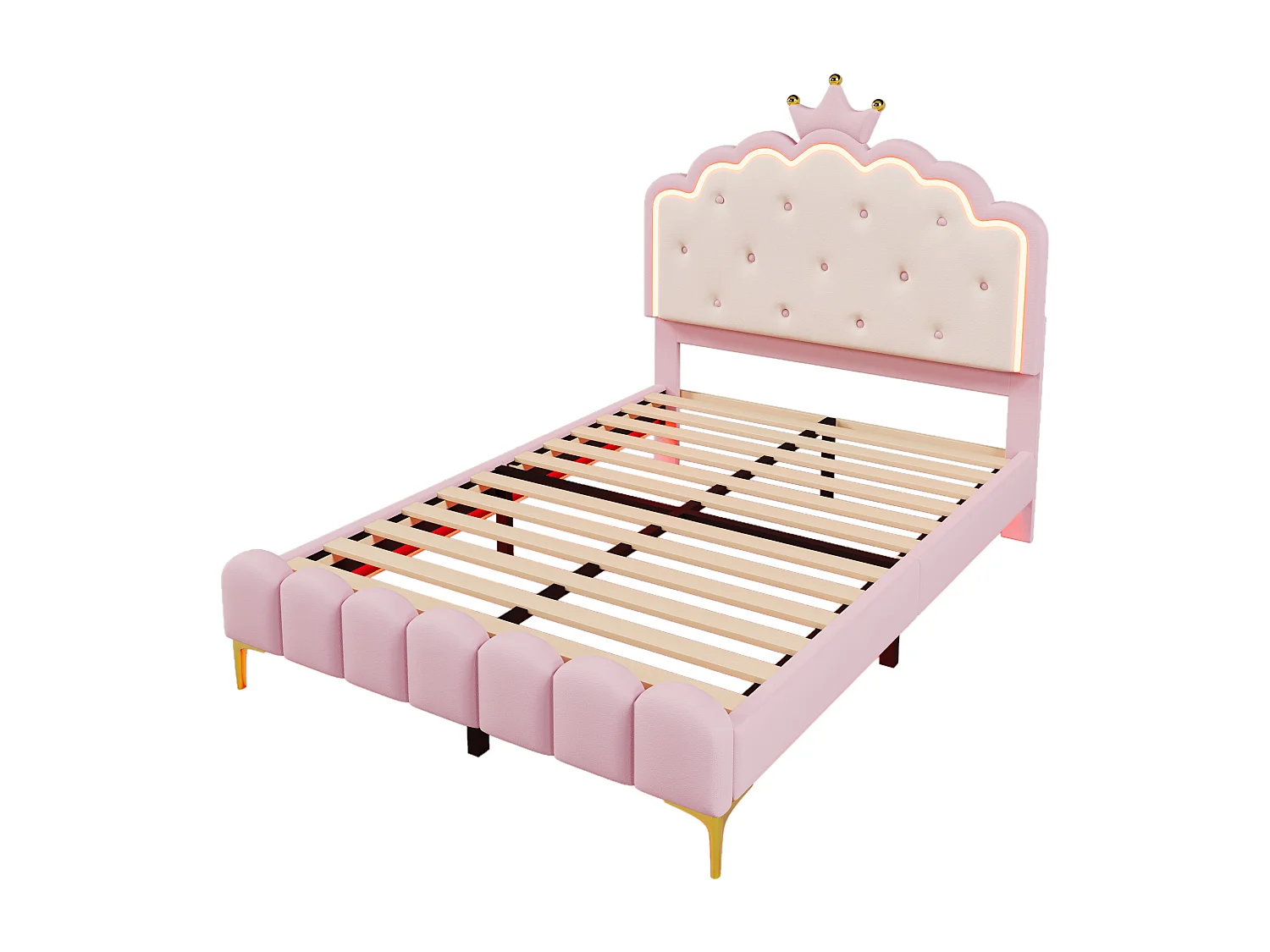 Lit enfant double 140x200 cm avec sommier à lattes et éclairage d'ambiance - matériau PU Rose(sans matelas)