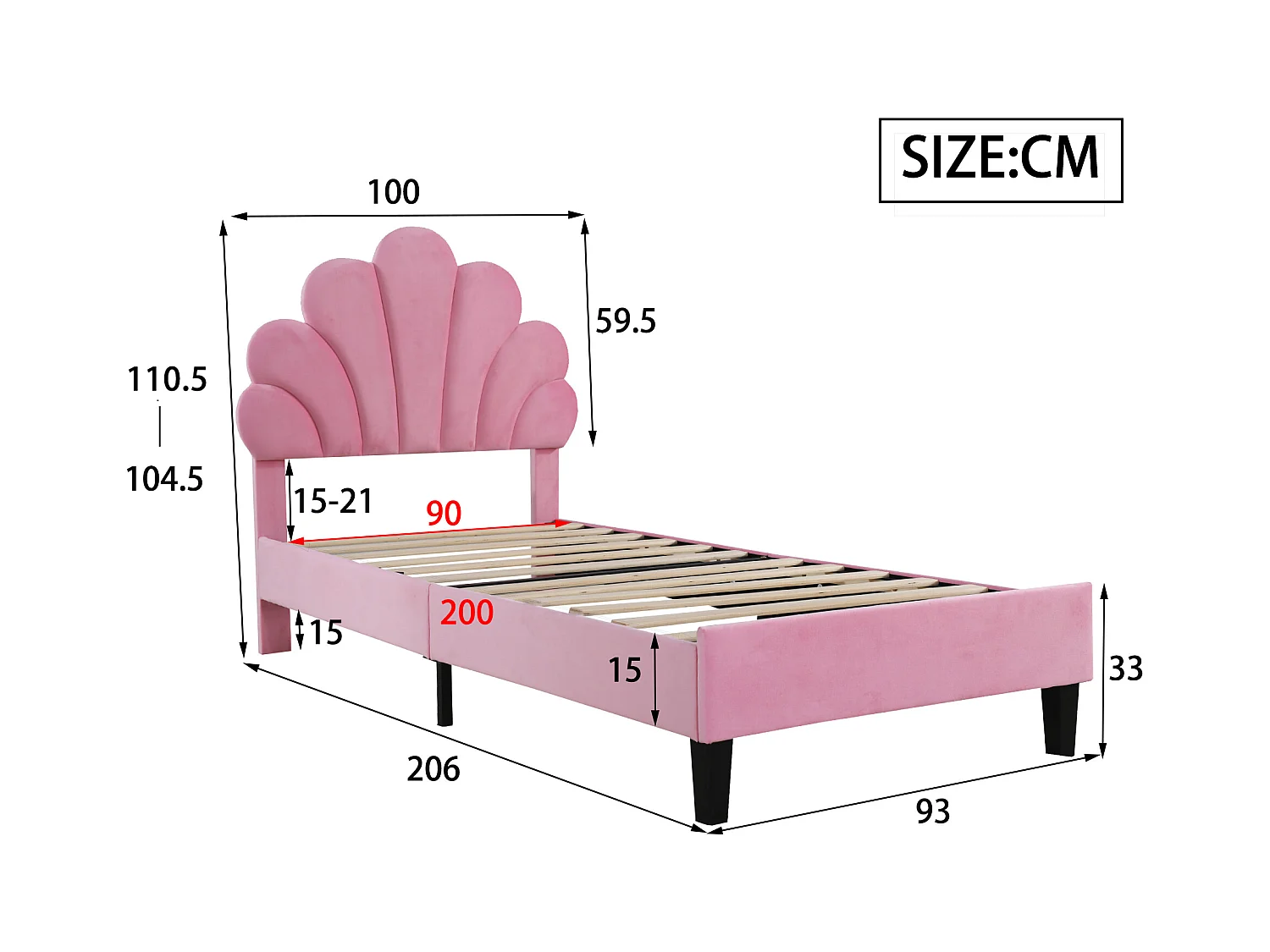 Letto per bambini 90x200 cm in velluto rosa con testiera a forma di fiore, rete a doghe (senza materasso)