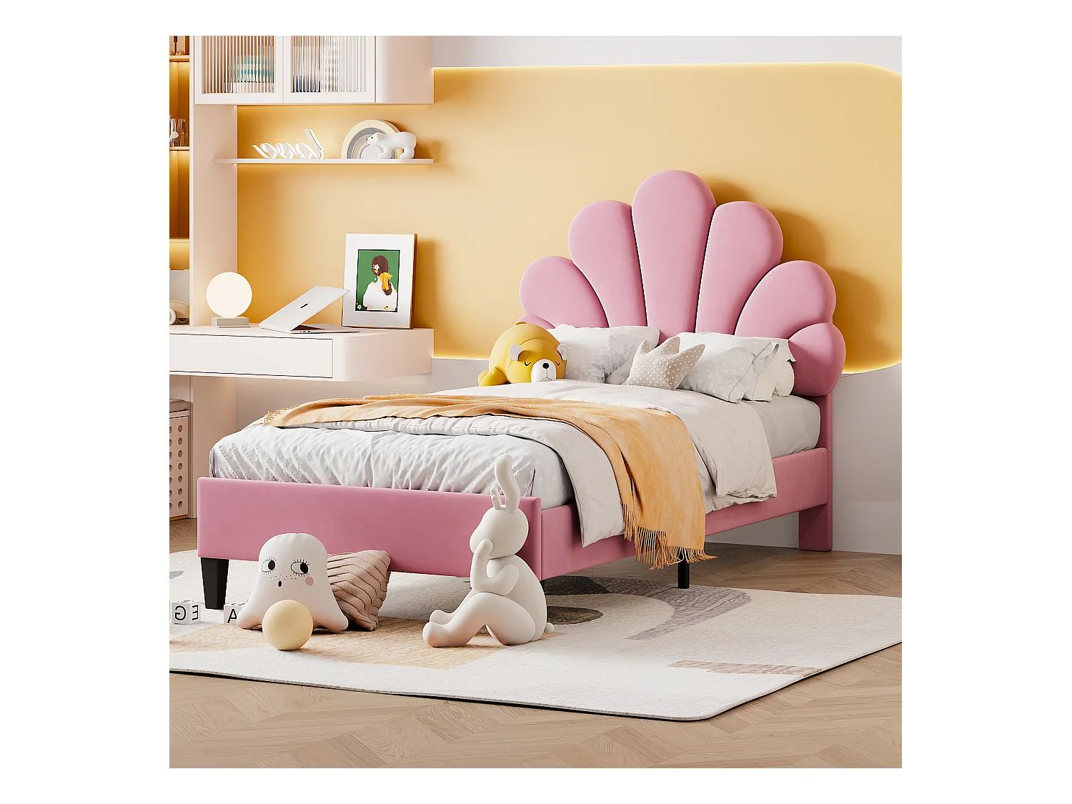 Lit enfant 90x200 cm en velours rose avec tête de lit en forme de fleurs, sommier à lattes(sans matelas)