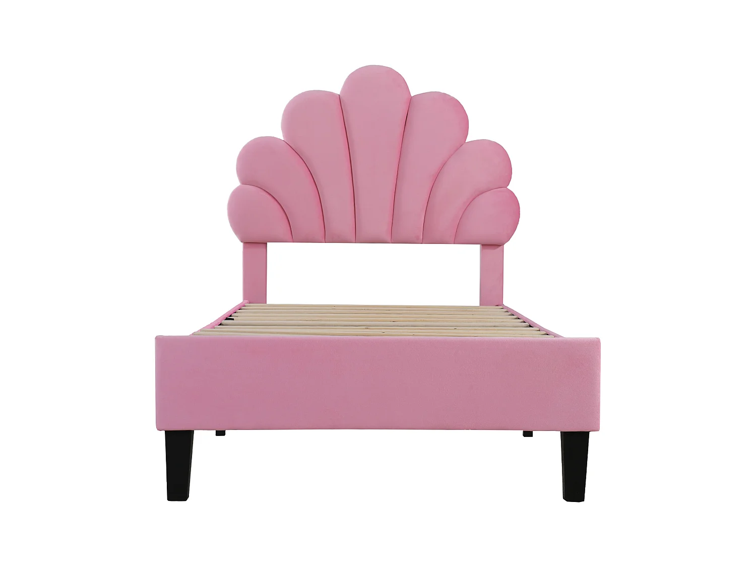 Kinderbed 90x200 cm van roze fluweel met bloemenvormig hoofdeinde, lattenbodem (zonder matras)