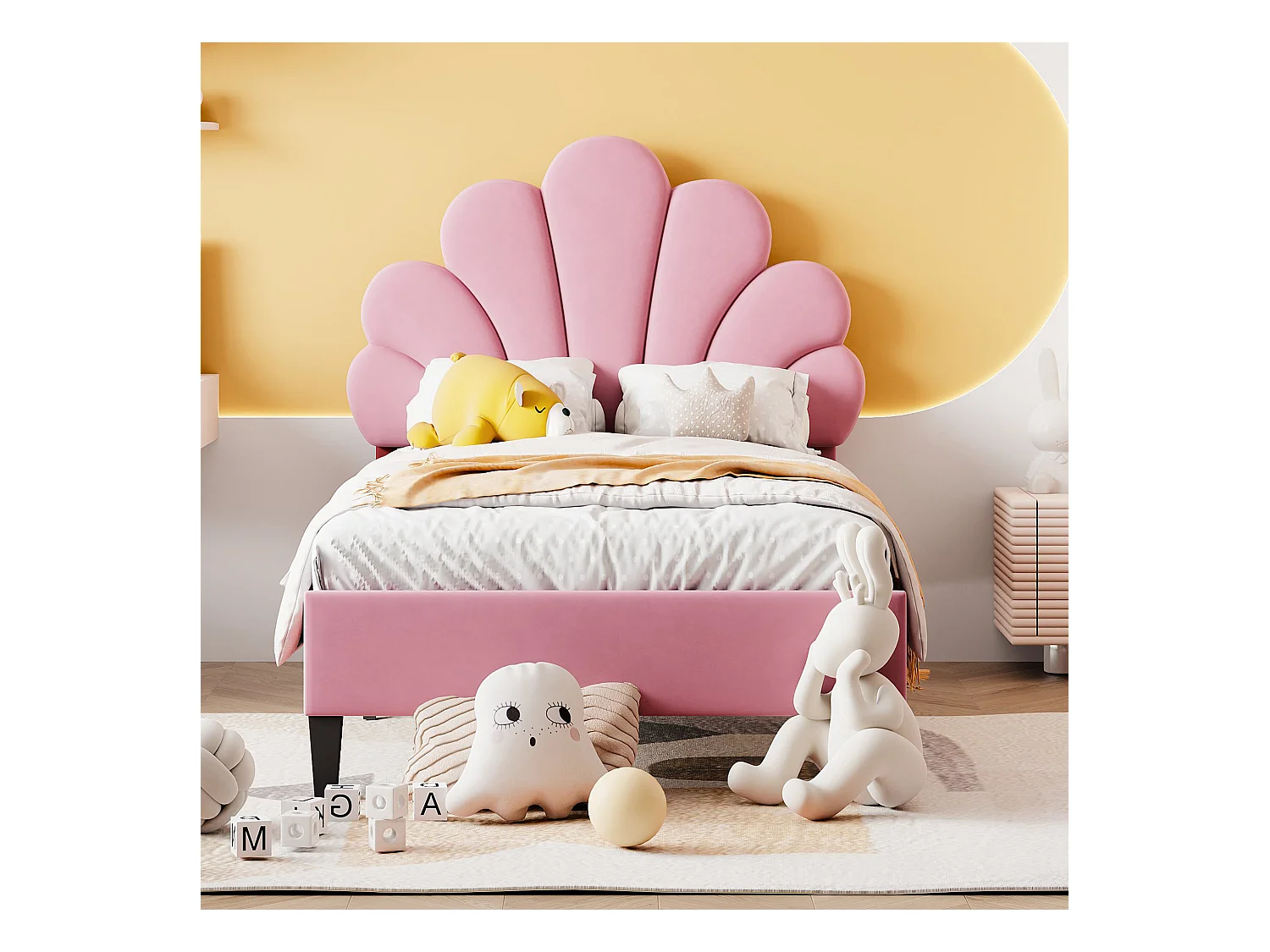 Kinderbed 90x200 cm van roze fluweel met bloemenvormig hoofdeinde, lattenbodem (zonder matras)