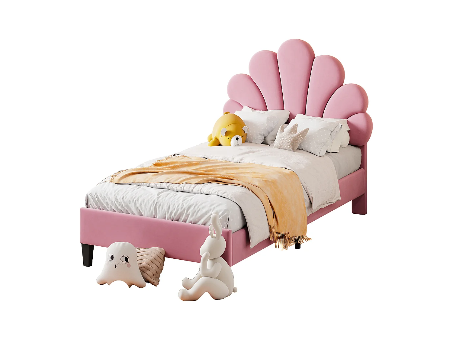 Kinderbed 90x200 cm van roze fluweel met bloemenvormig hoofdeinde, lattenbodem (zonder matras)