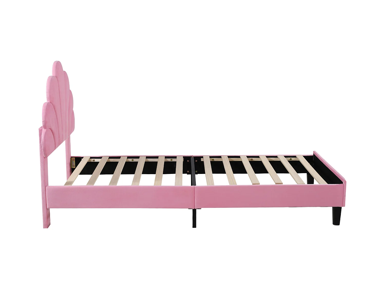 Kinderbed 90x200 cm van roze fluweel met bloemenvormig hoofdeinde, lattenbodem (zonder matras)