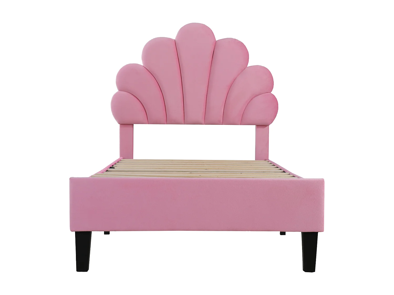 Lit enfant 90x200 cm en velours rose avec tête de lit en forme de fleurs, sommier à lattes(sans matelas)