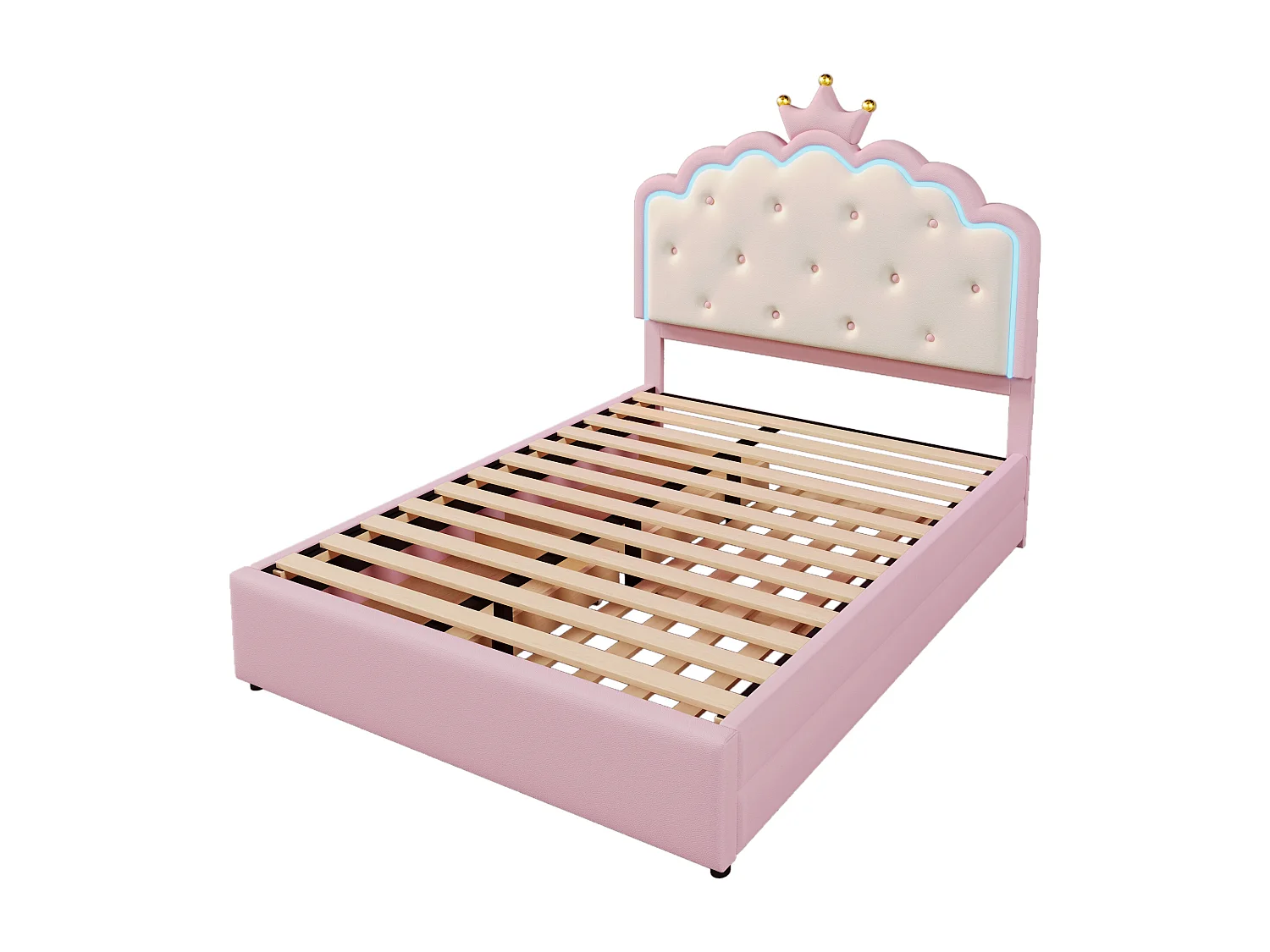 Lit princesse double 140x200 cm – avec sommier à lattes ,LED, lit gigogne, 2 tiroirs, PU rose(sans matelas)