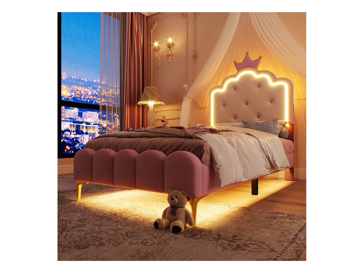 Eenpersoons prinsessenbed 90x200 cm - LED-verlichting met afstandsbediening - roze PU (zonder matras)